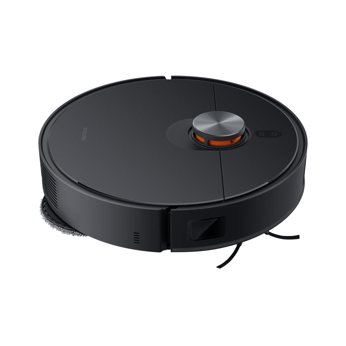 Czarny odkurzacz robot Xiaomi. Okrągły kształt z pomarańczowym przyciskiem na górze. Czarne tło.