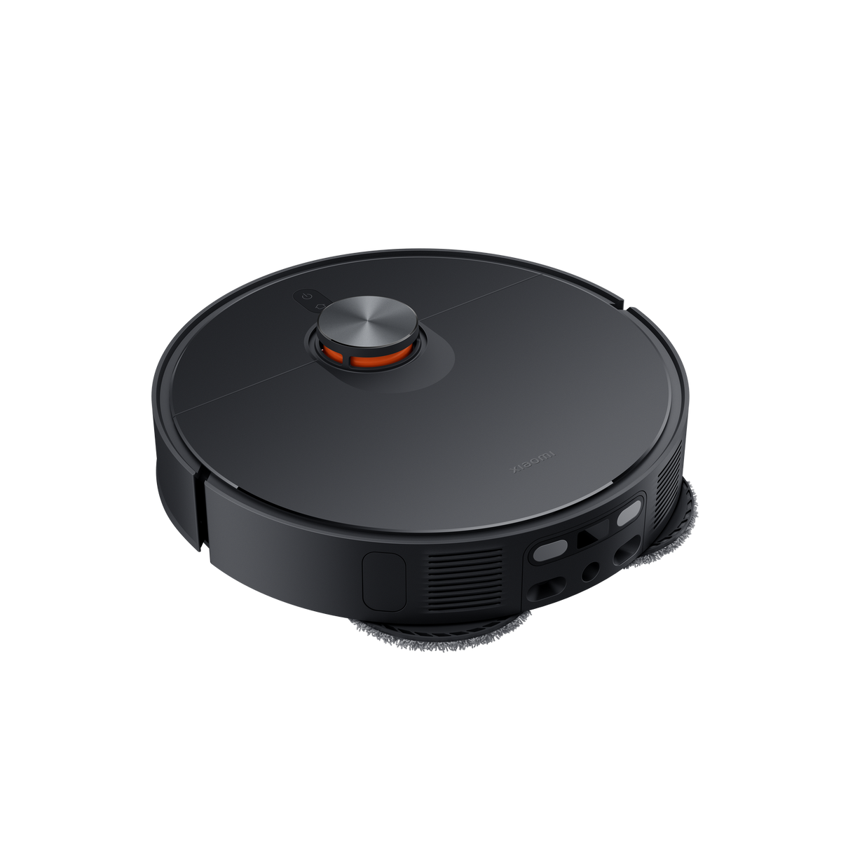 Czarny, okrągły odkurzacz automatyczny na ciemnym tle, ze szczotką boczną i nakładką czyszczącą.