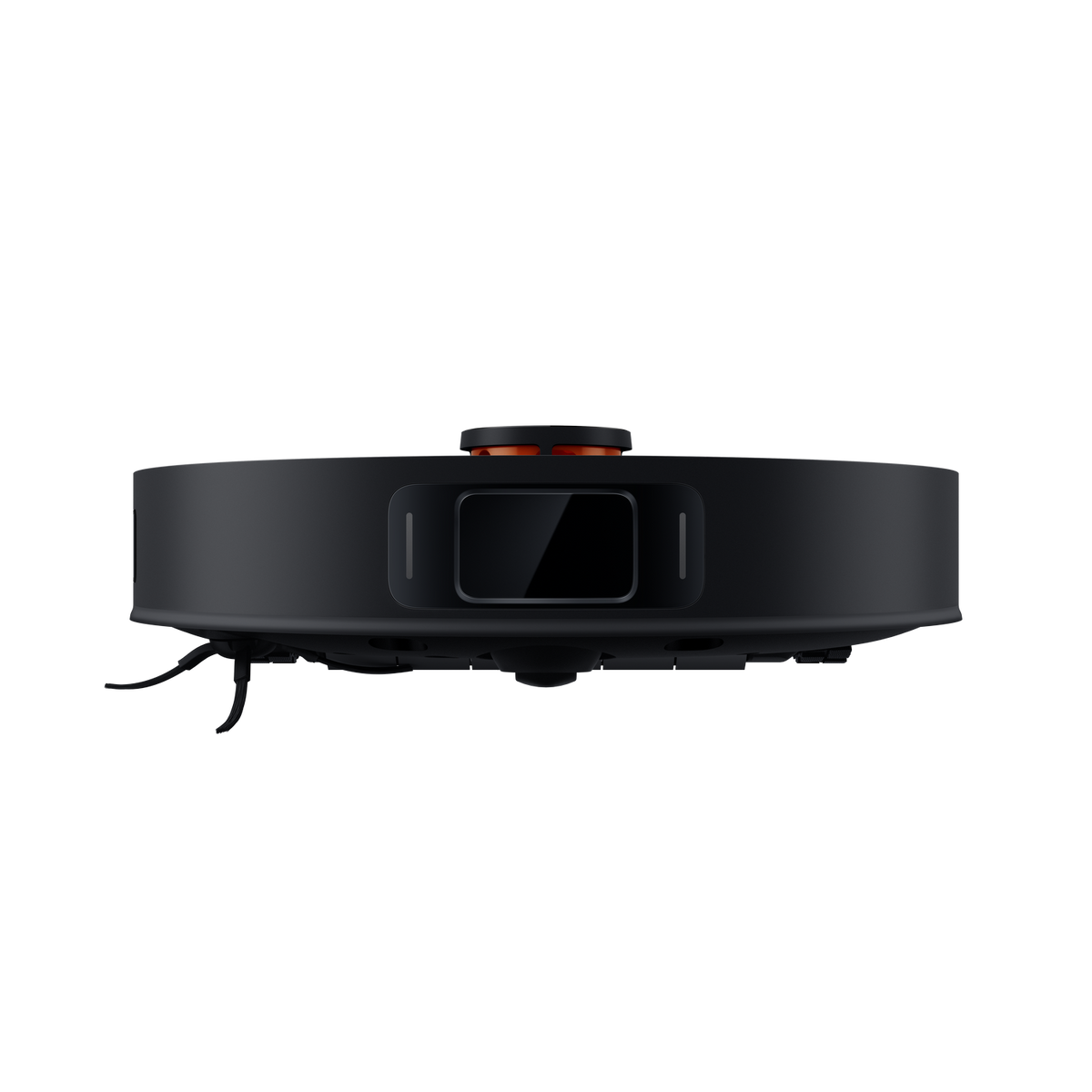 Czarny odkurzacz automatyczny, widok z góry, z czujnikiem i małym pomarańczowym detalem.
