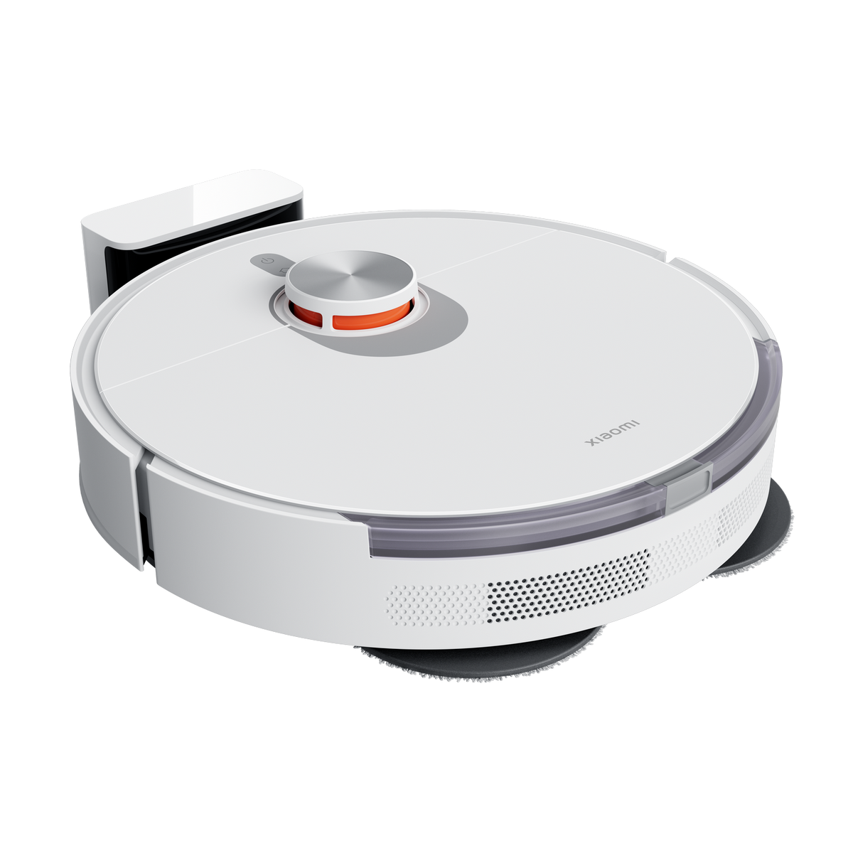 Biało-pomarańczowy robot sprzątający ze stacją ładującą, na czarnym tle.