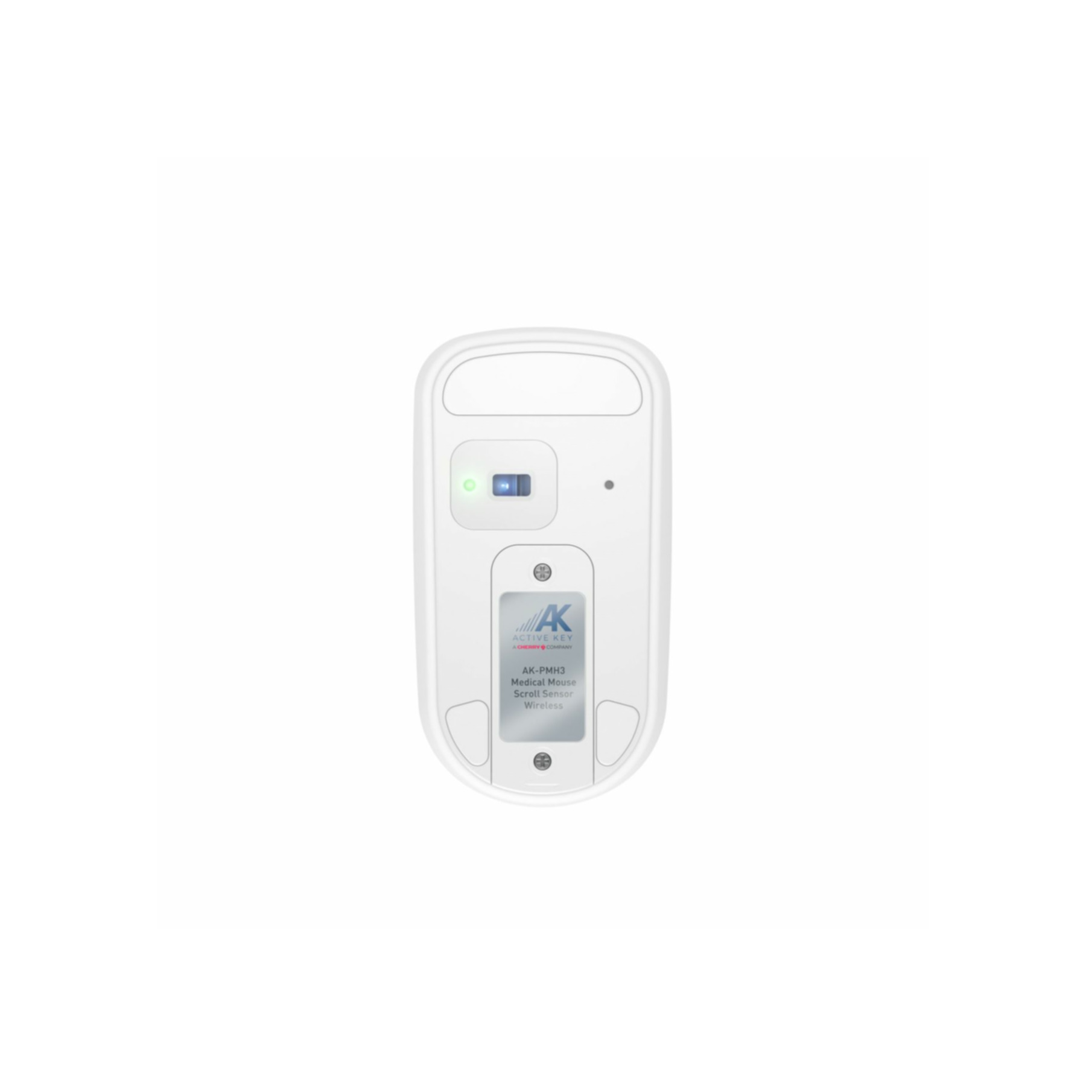Lato inferiore di un mouse wireless bianco con pulsanti, logo e informazioni sul modello.