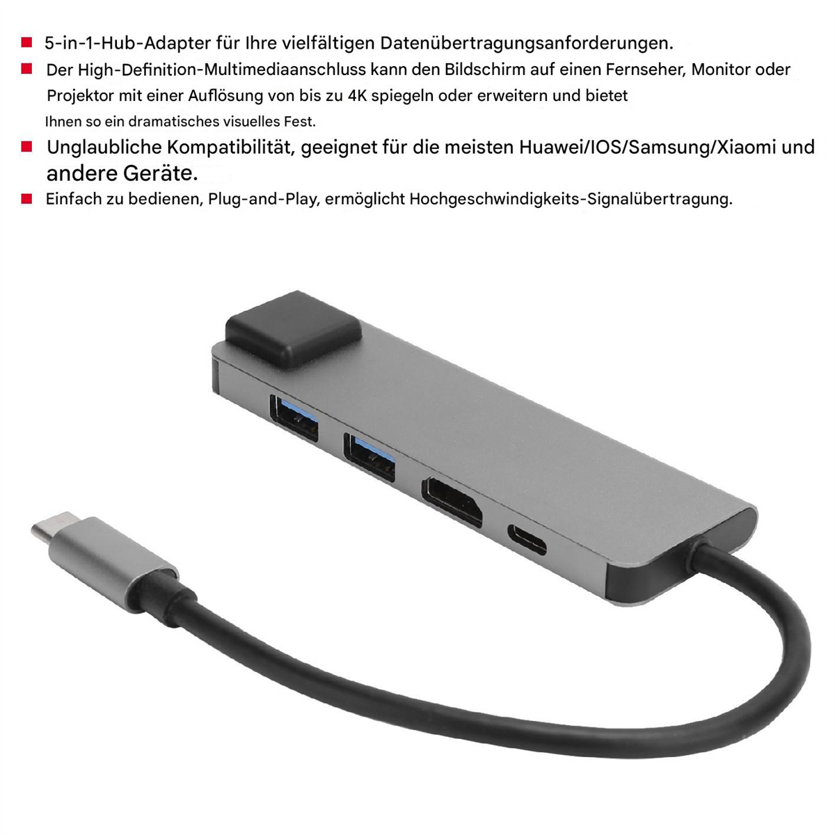 Ein grauer Hub-Adapter mit mehreren Anschlüssen und einem Kabel. Der Hintergrund ist weiß.