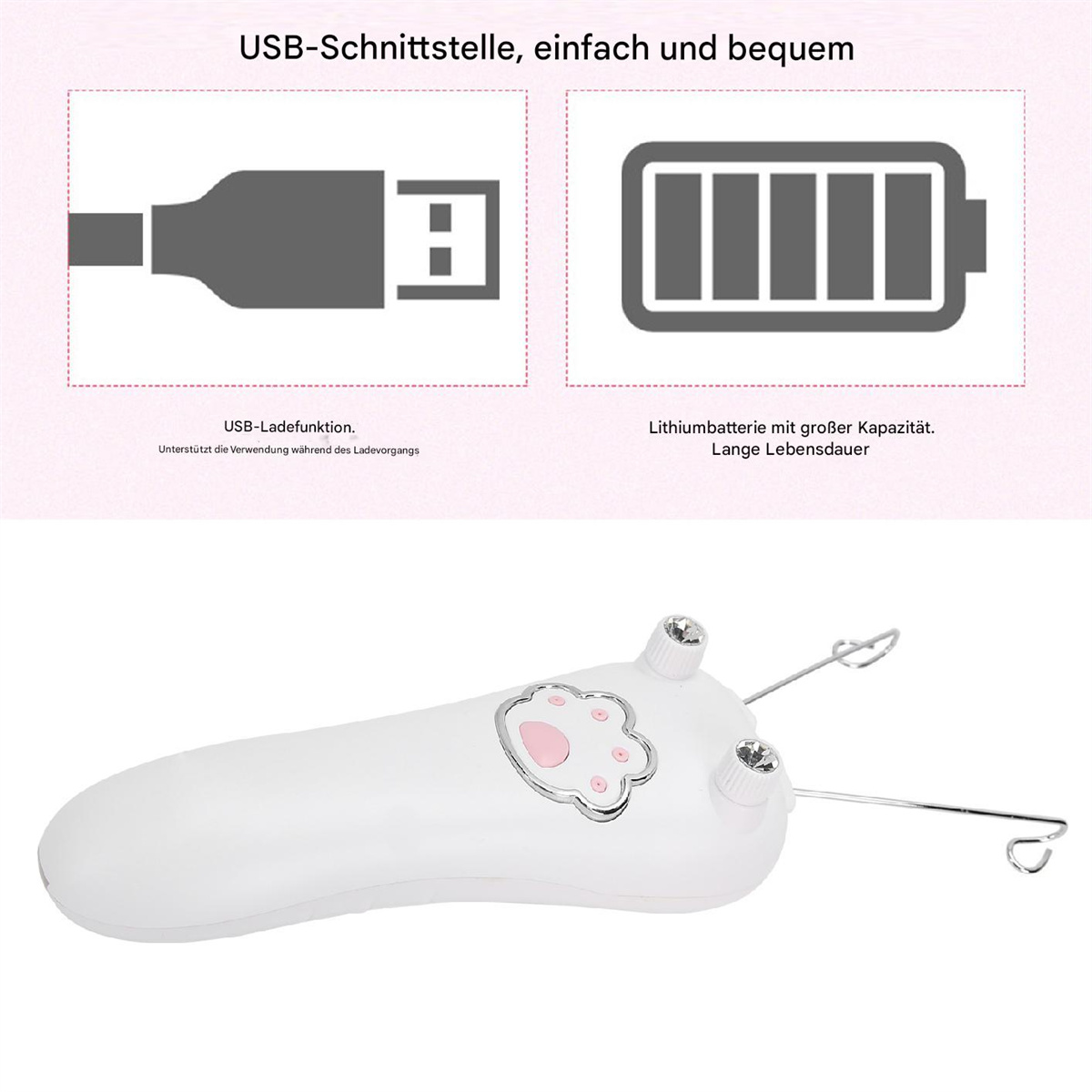 Ein Epilierer mit USB-Anschluss und Batteriesymbol. Der Text ist auf Deutsch.