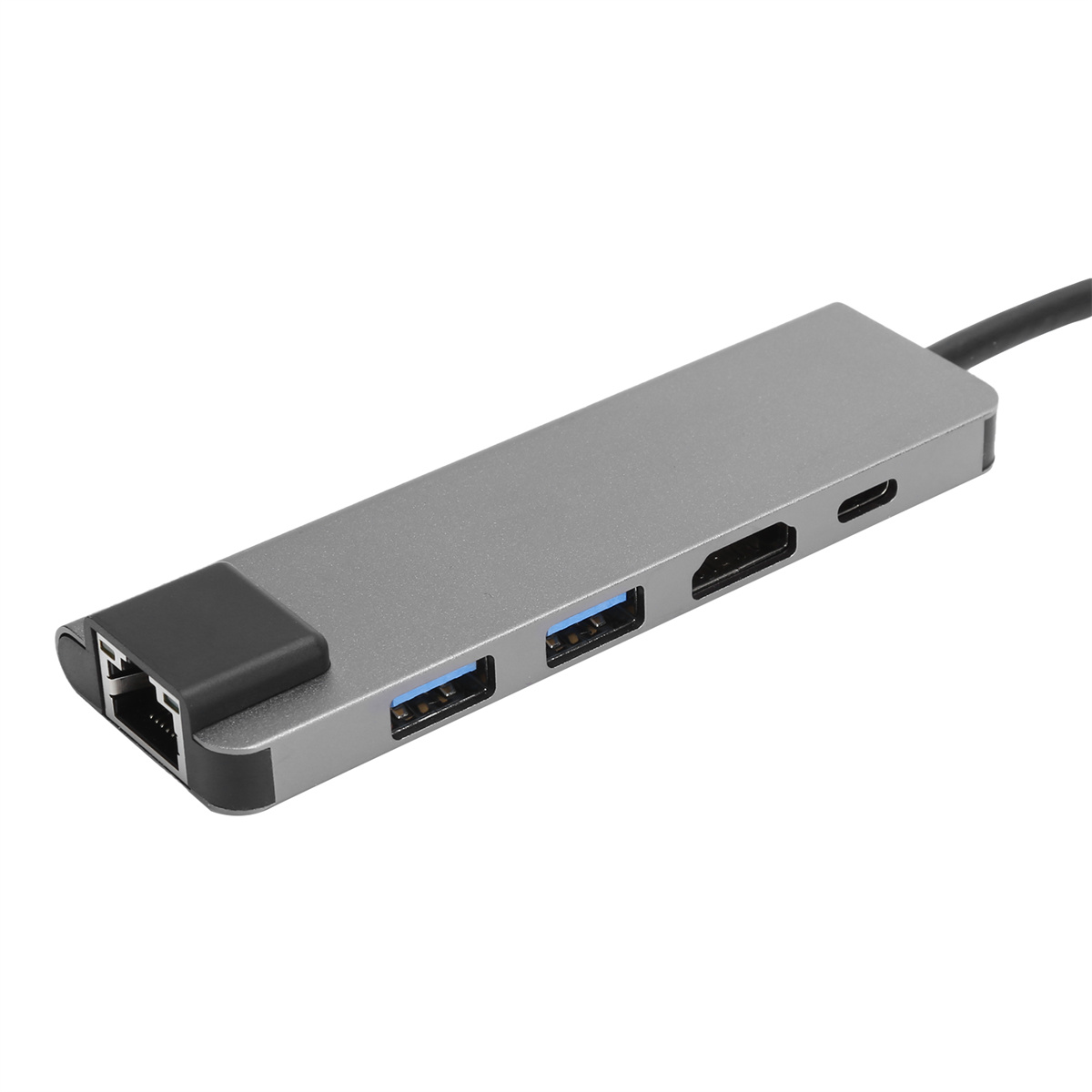 Grauer USB-Hub mit mehreren Anschlüssen: Ethernet, USB, HDMI und USB-C. Schwarzes Kabel.