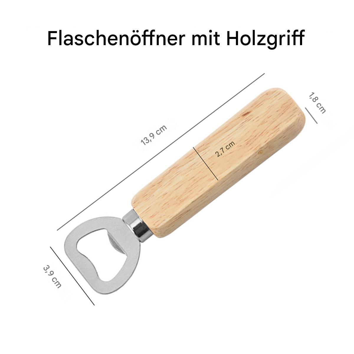 Ein Flaschenöffner aus Holz mit Maßen. Er hat einen Holzgriff und einen Metallöffner.