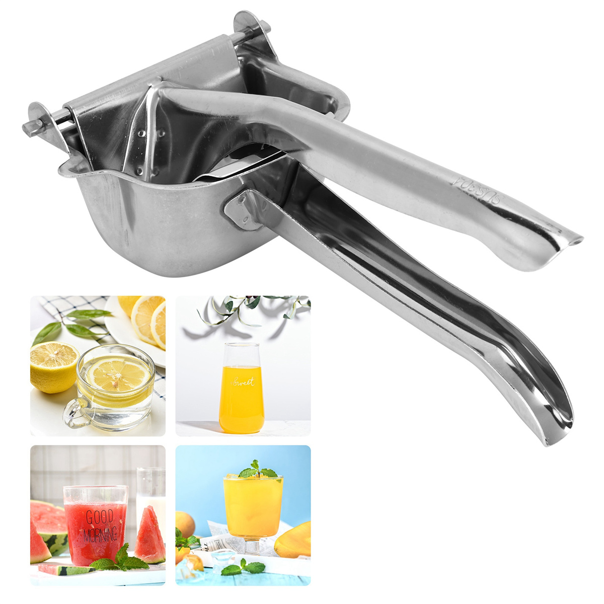 Eine Edelstahl-Saftpresse mit Zitronen, Saftgläsern und Wassermelonen.