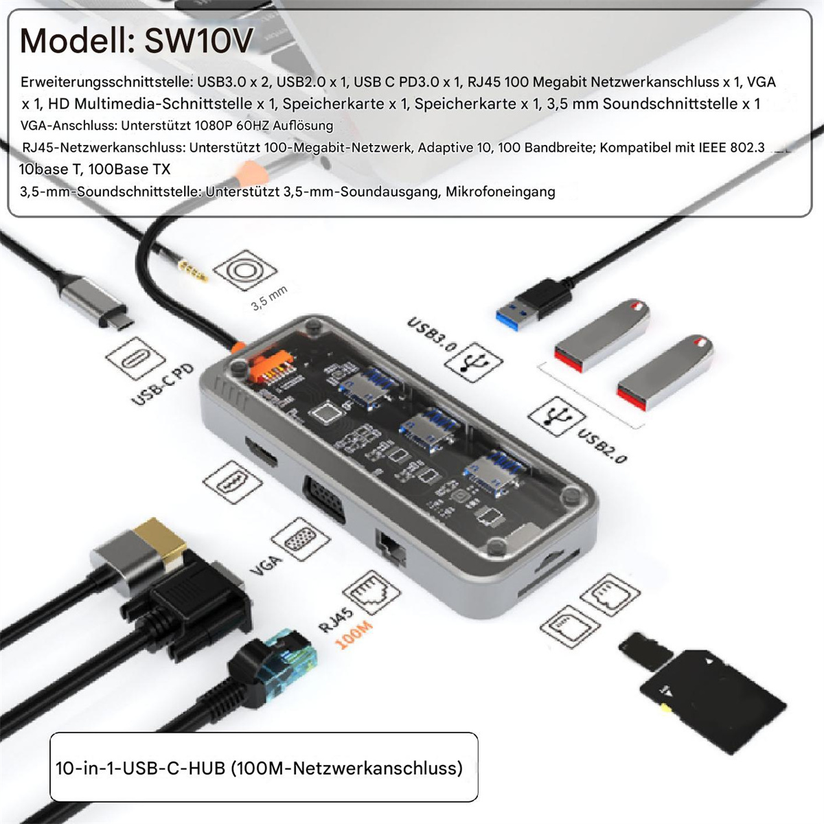 Ein USB-C-Hub mit verschiedenen Anschlüssen und angeschlossenen Geräten. Enthält USB-, HDMI- und Ethernet-Anschlüsse, mit Laptop.