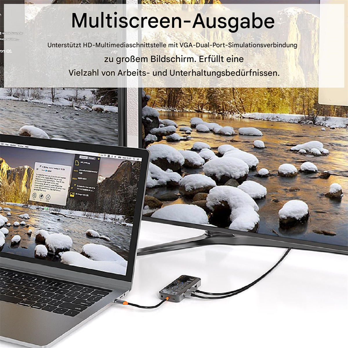 Laptop, der an Monitore angeschlossen ist, die eine Landschaft anzeigen. Ein Gerät mit Kabeln ist vorhanden.
