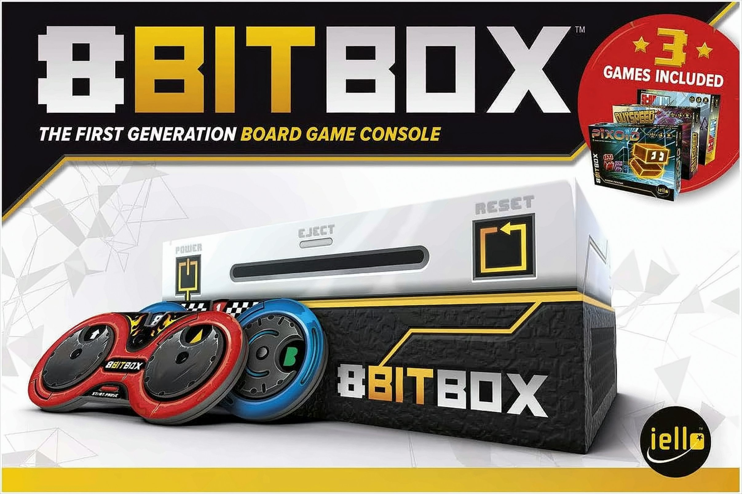 Die Vorderseite einer weißen und schwarzen Spielekonsolenbox mit den Worten 8BITBOX darauf.