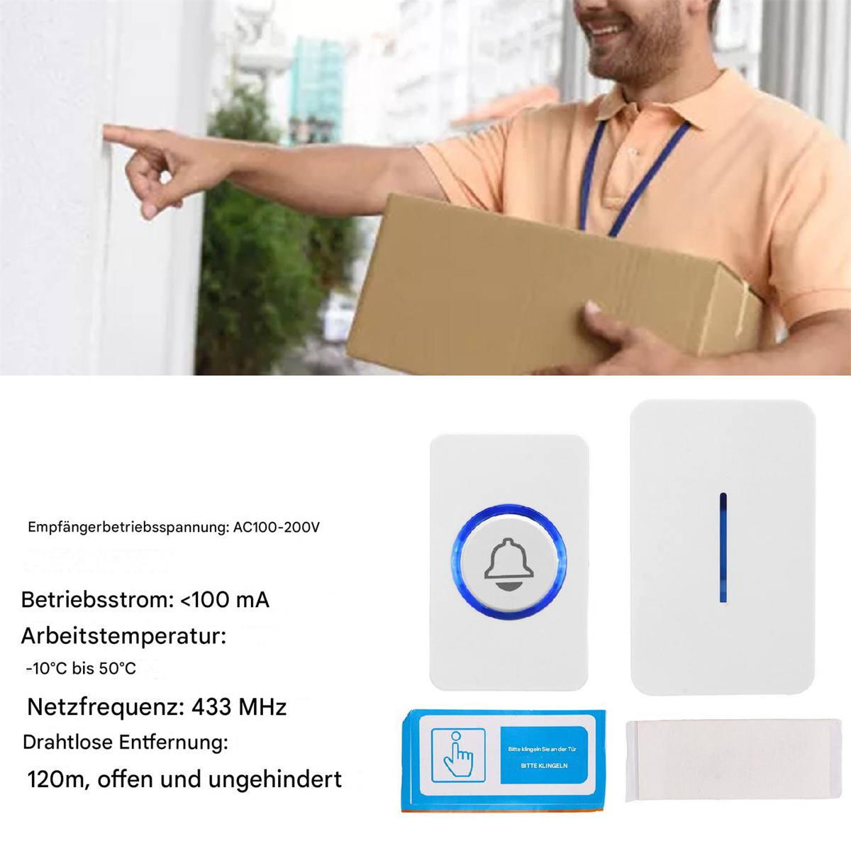 Ein Mann zeigt auf eine Wand. Unten werden eine drahtlose Türklingel und ihre Spezifikationen gezeigt.