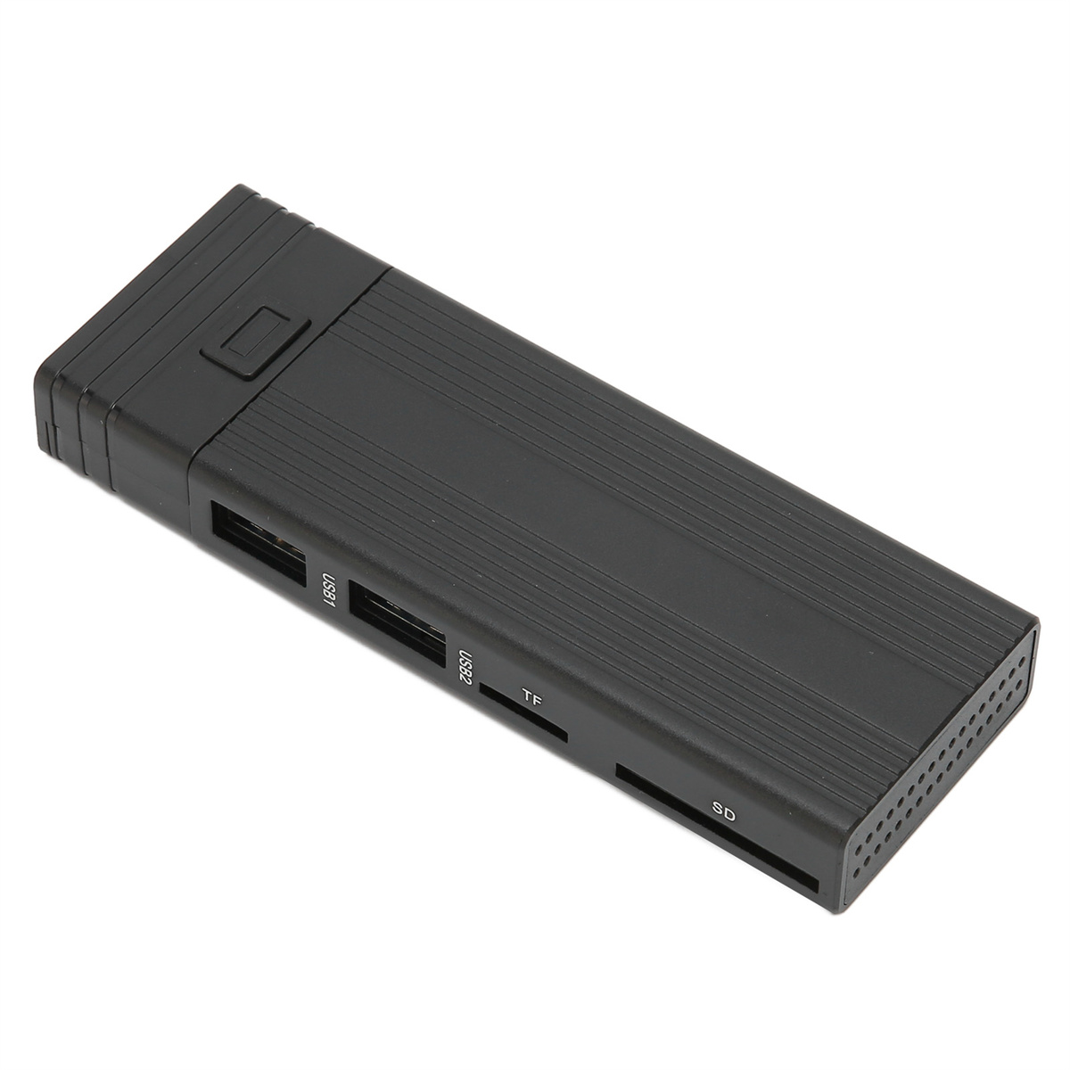 Ein schwarzer Kartenleser mit USB-, USB2-, TF- und SD-Anschlüssen, leicht angewinkelt.