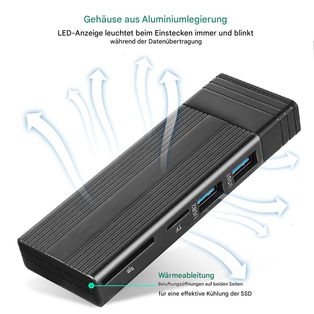 Ein schwarzer USB-Hub mit mehreren Anschlüssen. Es gibt Pfeile, die den Luftstrom anzeigen. Weißer Hintergrund.