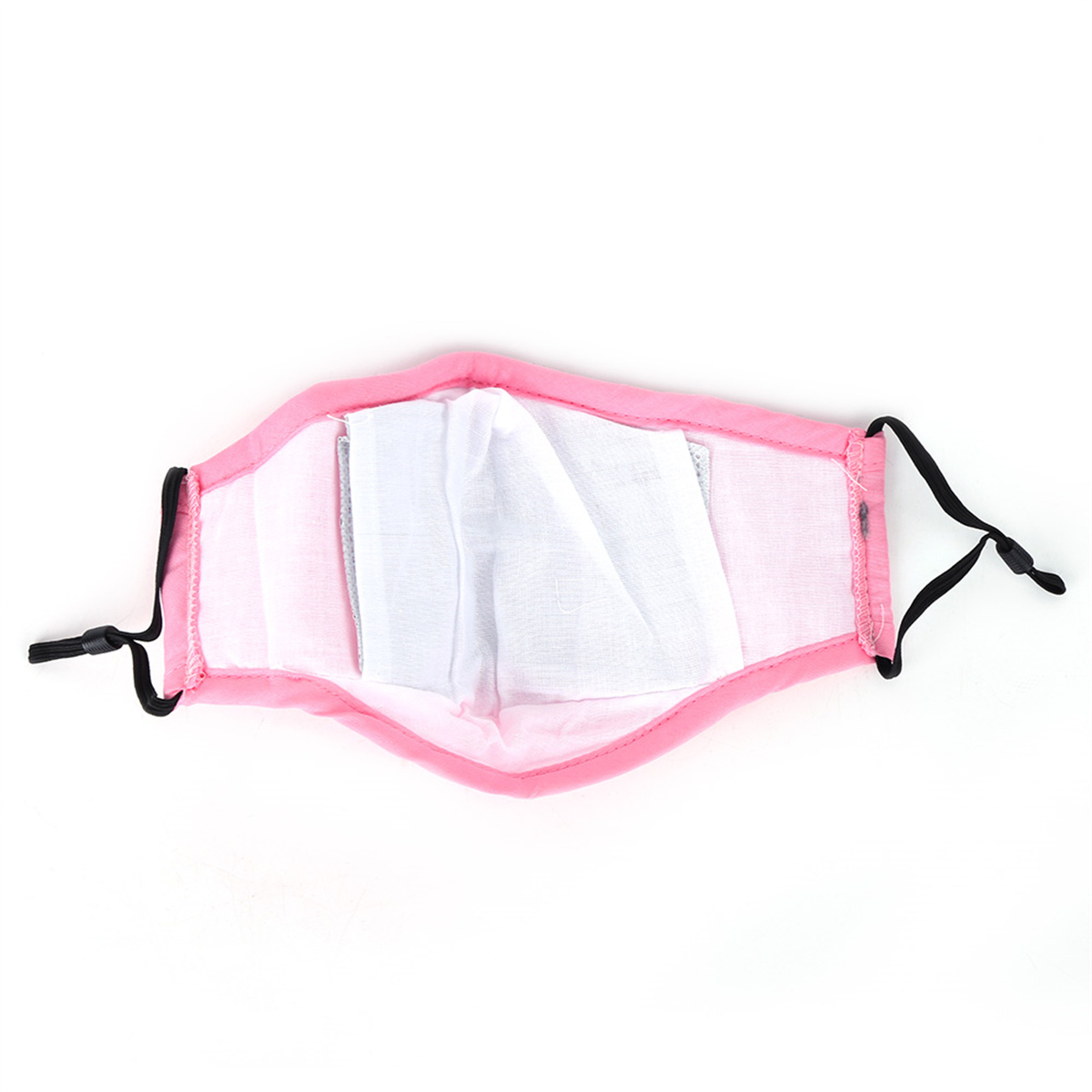 Rosa Gesichtsmaske, offen, zeigt Innenschichten und schwarze Ohrschlaufen. Weißer Hintergrund.