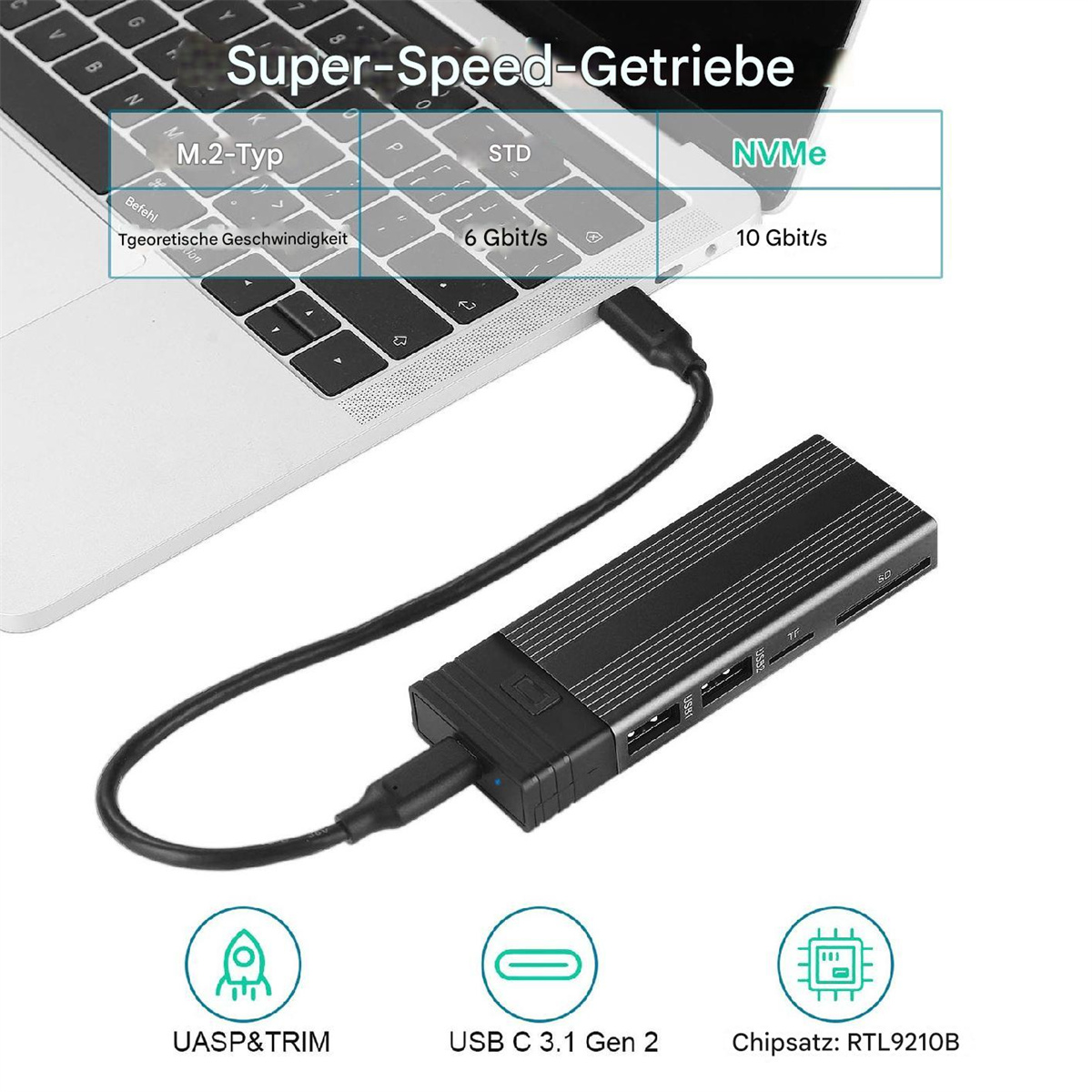 Laptop-Tastatur mit silbernem Gerät und USB-Kabel, mit Funktionssymbolen.