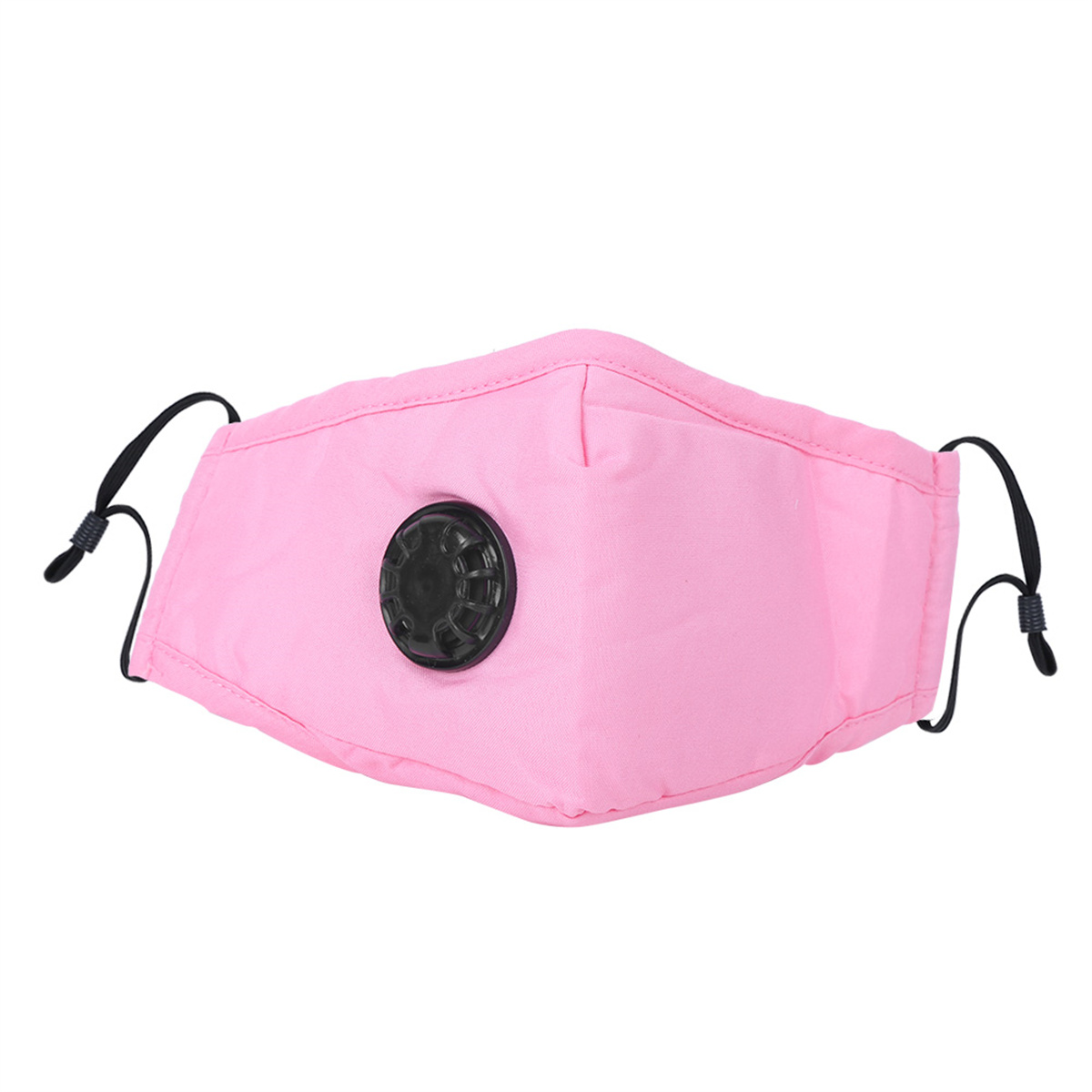 Rosa Gesichtsmaske mit schwarzem Filter und schwarzen elastischen Trägern.