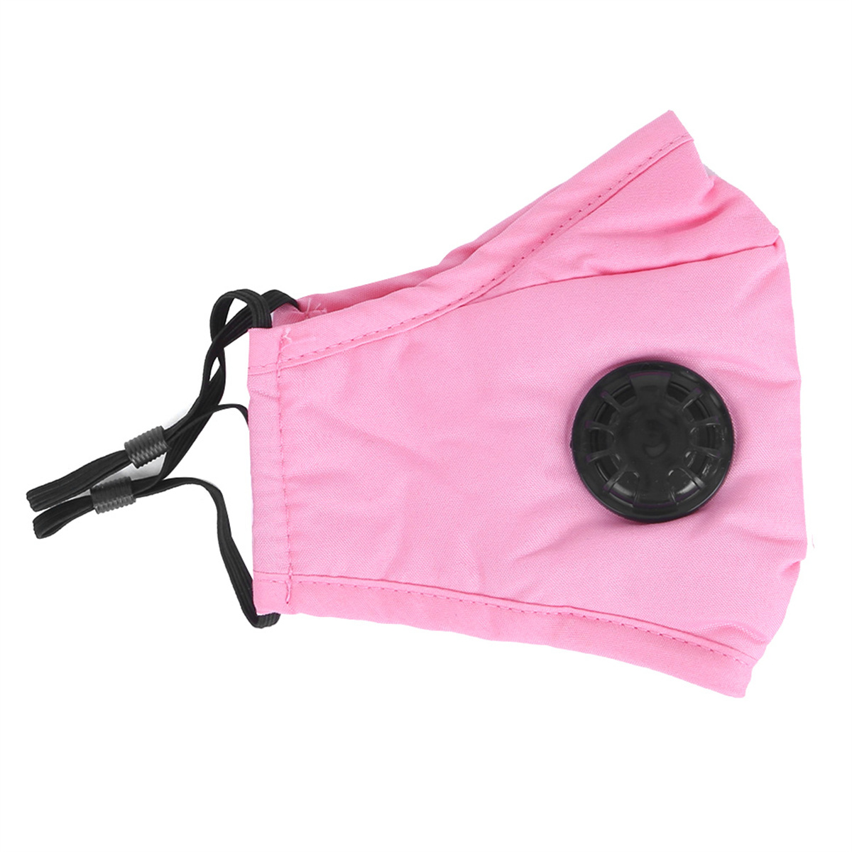 Eine rosa Gesichtsmaske mit schwarzem Ventil und verstellbaren schwarzen Riemen.