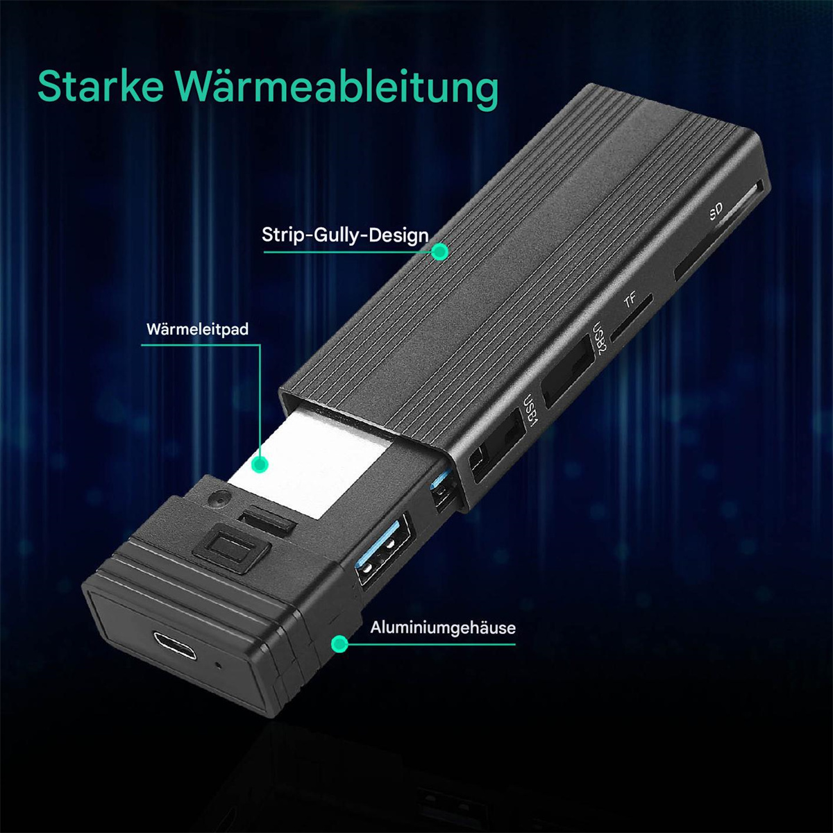 Schwarze externe Festplatte mit USB-Anschlüssen. Das Gehäuse ist aus Metall. Blauer und schwarzer Hintergrund.