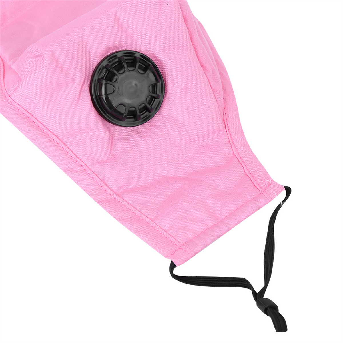 Rosa Gesichtsmaske mit schwarzem Ventil und verstellbaren Trägern auf weißem Hintergrund.