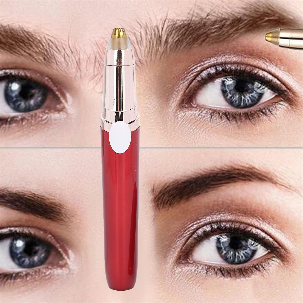 Zwei Augenpaare mit einem roten und goldenen Augenbrauentrimmer. Der Trimmer wird an den Augenbrauen verwendet.