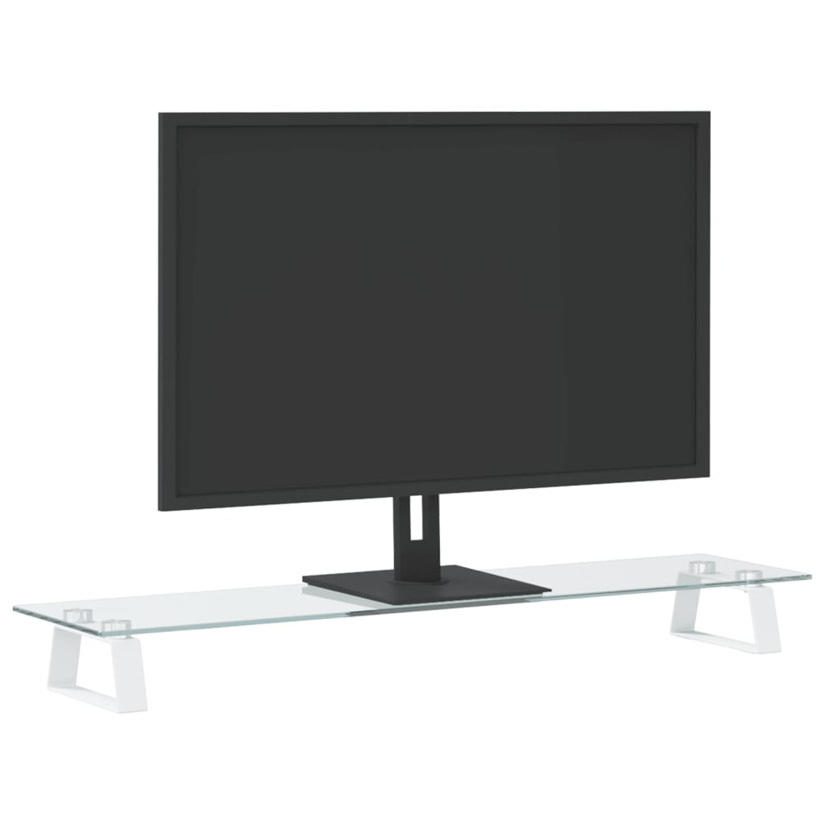 Schwarzer Computermonitor auf einem Glasständer. Der Bildschirm ist eingeschaltet und zeigt Schwarz.