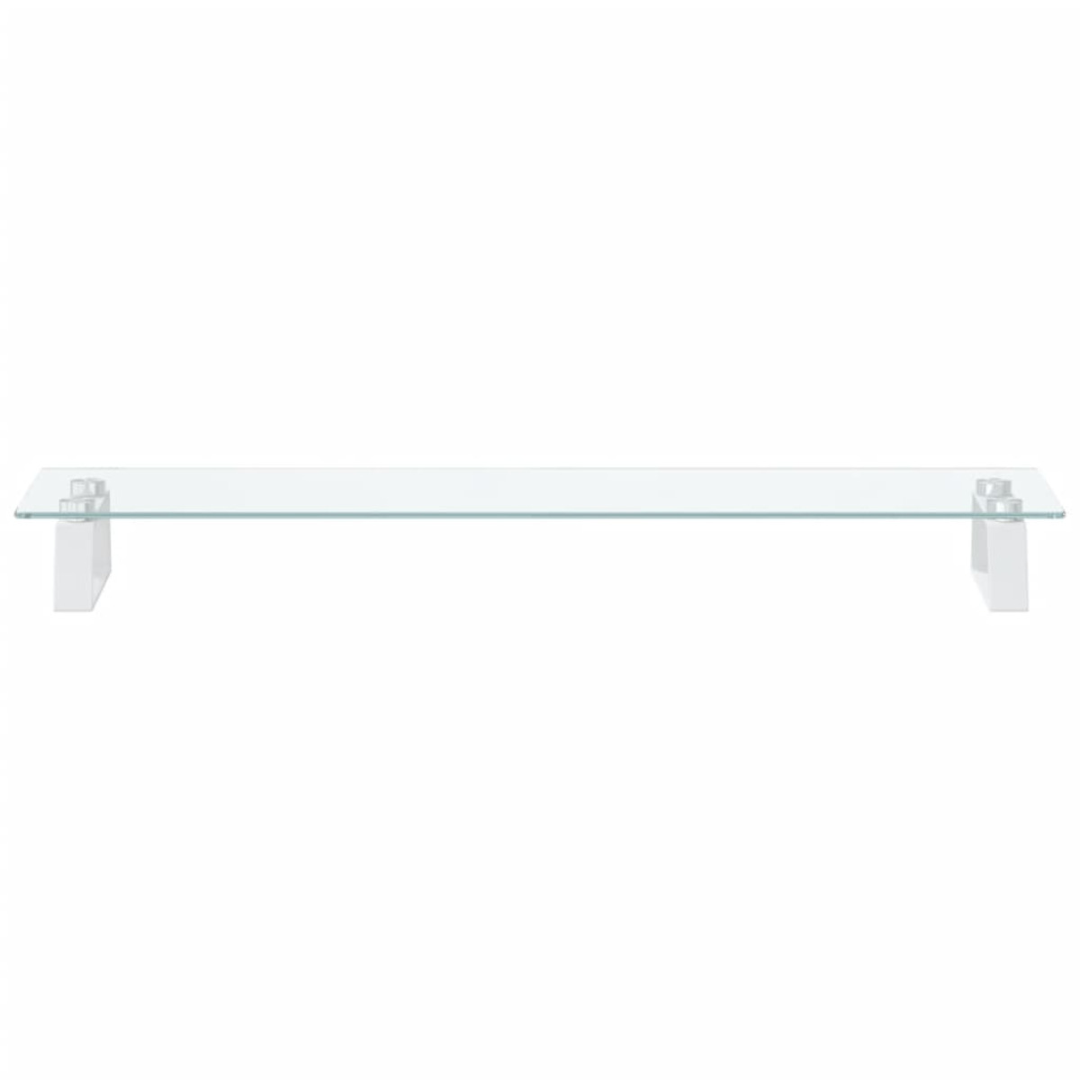 Ein transparentes Glasregal mit zwei weißen Stützen auf weißem Hintergrund.