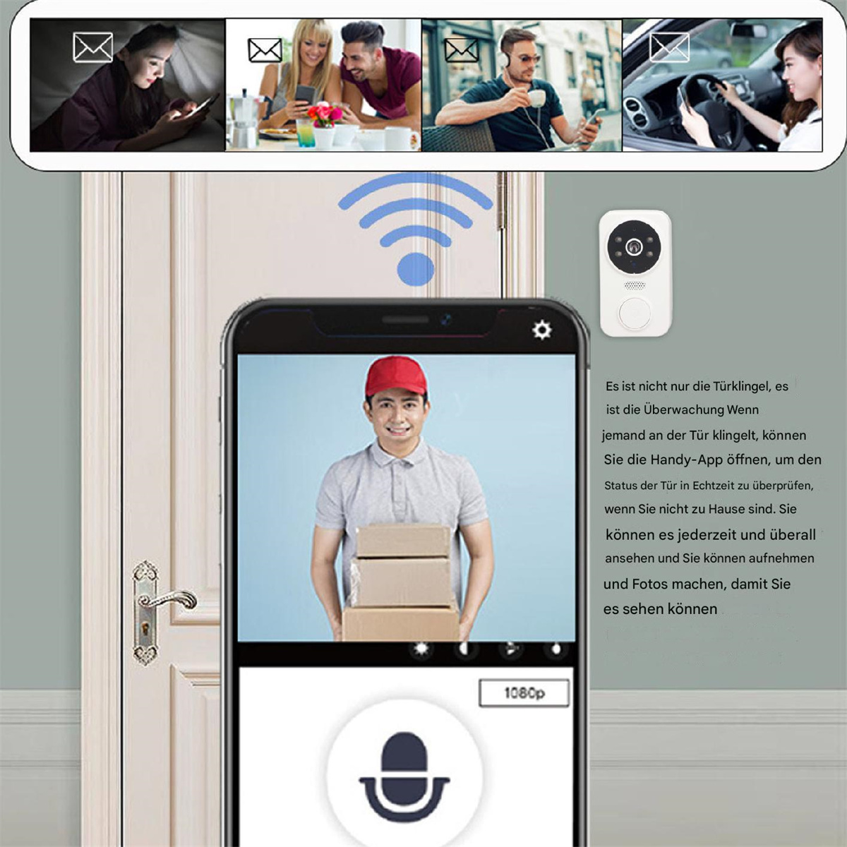 Ein Smartphone zeigt einen Liefermann. Oben zeigen vier App-Symbole Nachrichten. Text auf Deutsch ist sichtbar.