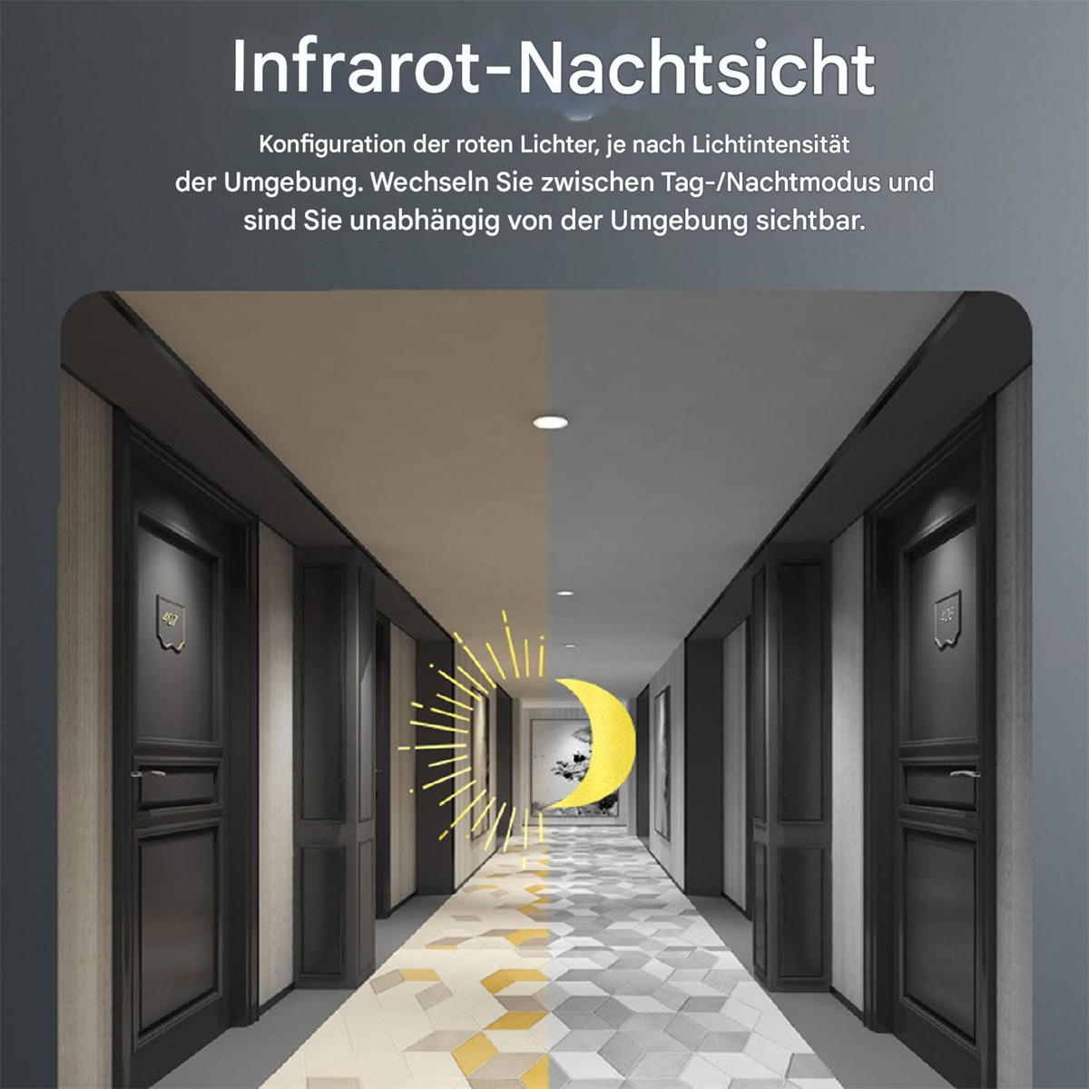 Flur mit Türen, beleuchtet von Deckenleuchten. Der Boden hat ein Muster und einen Halbmond rechts.