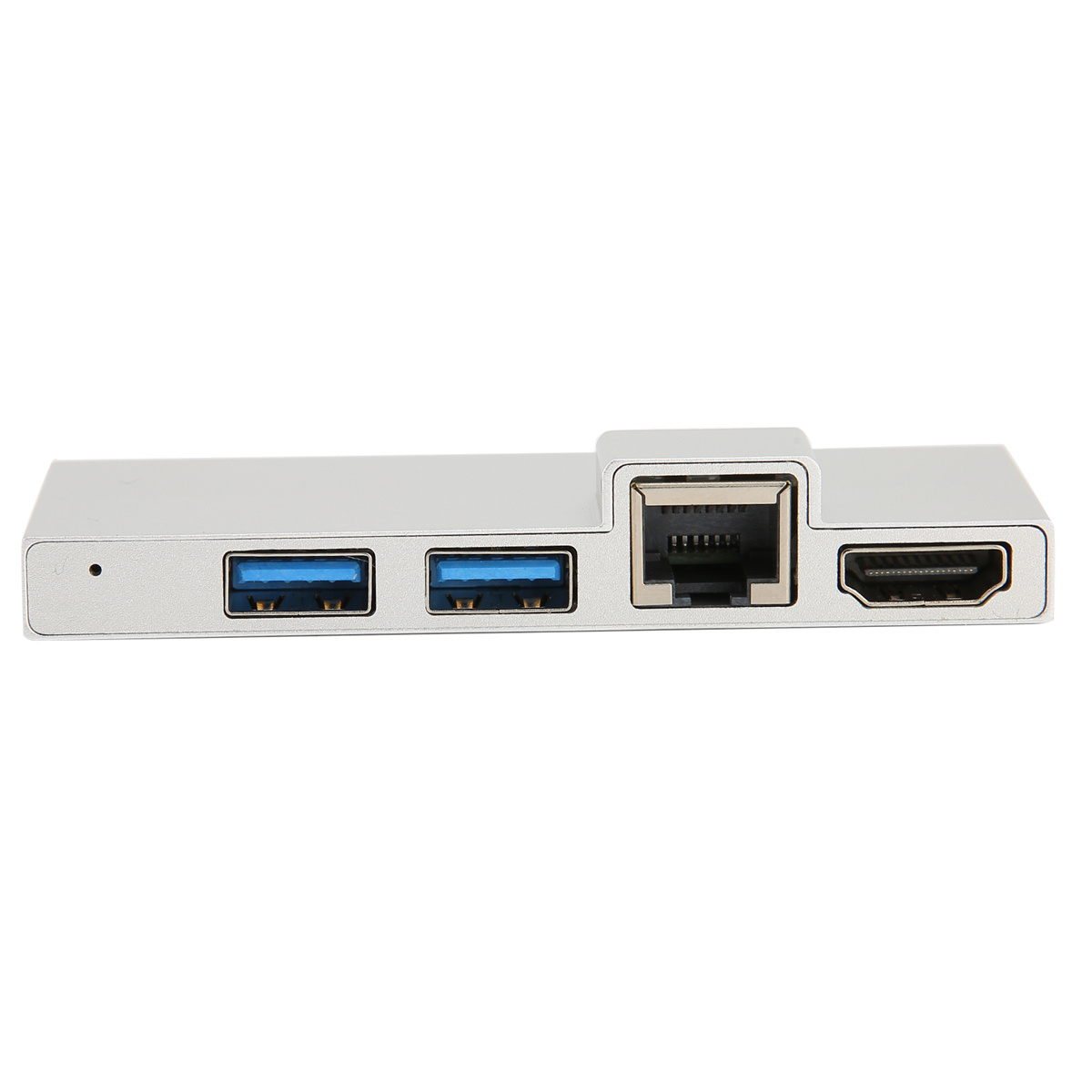 Silberner USB-Hub mit USB-, Ethernet- und HDMI-Anschlüssen auf weißem Hintergrund.