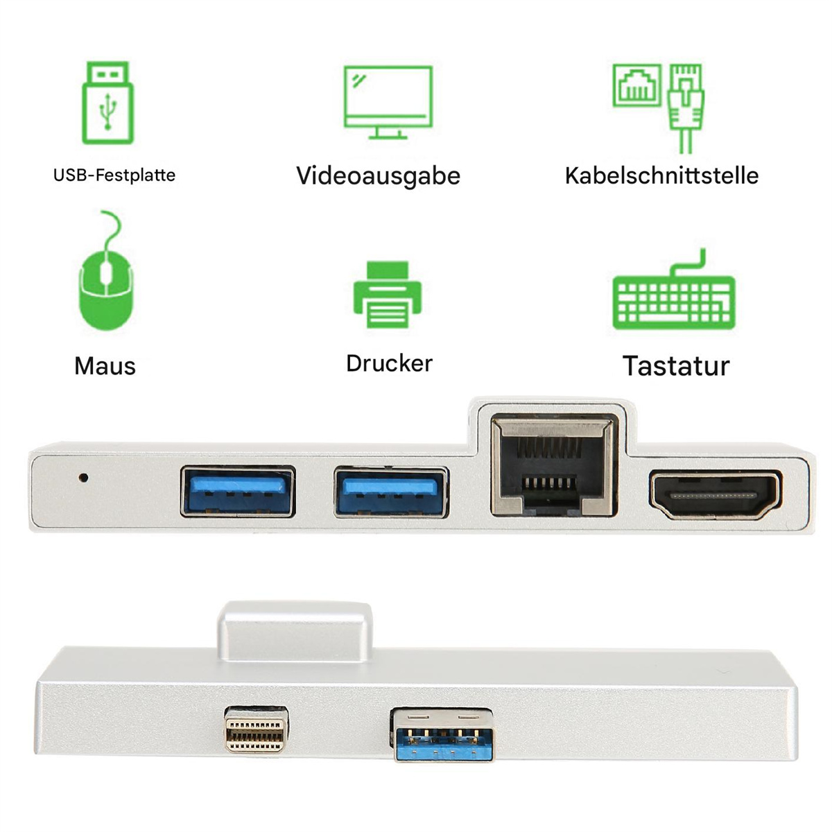 Silberner Hub mit USB- und HDMI-Anschlüssen. Symbole von Peripheriegeräten sind oben.