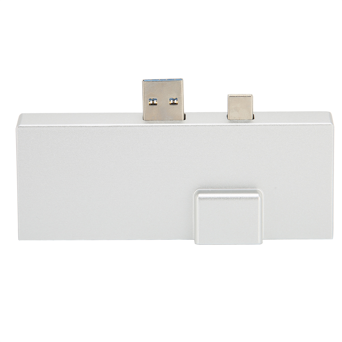 Ein silberner USB-Hub mit USB- und anderen Schnittstellen. Auf der Vorderseite ein silbernes Rechteck.
