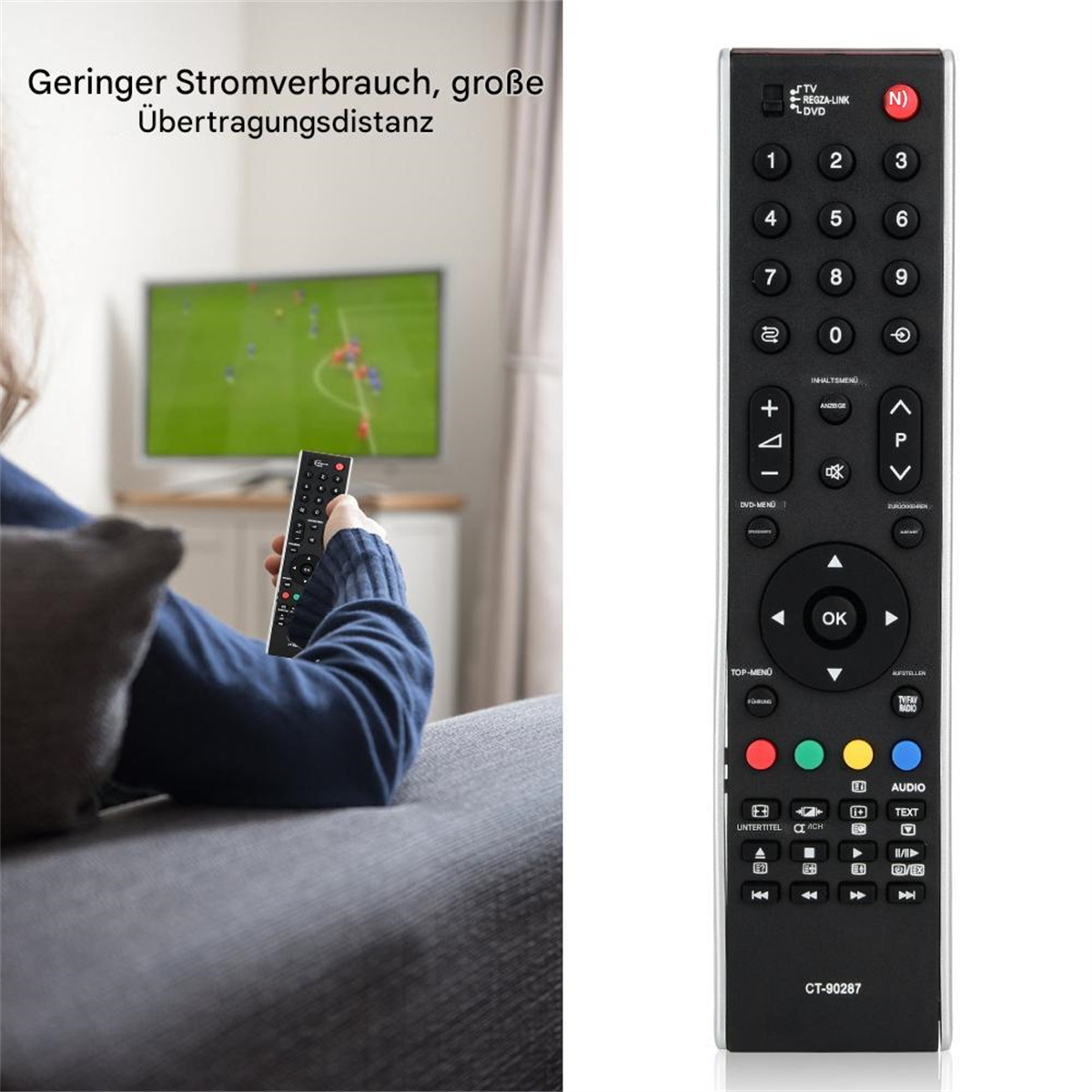 Eine Person hält eine Fernbedienung. Ein Fernseher auf der rechten Seite. Die Fernbedienung ist rechts.