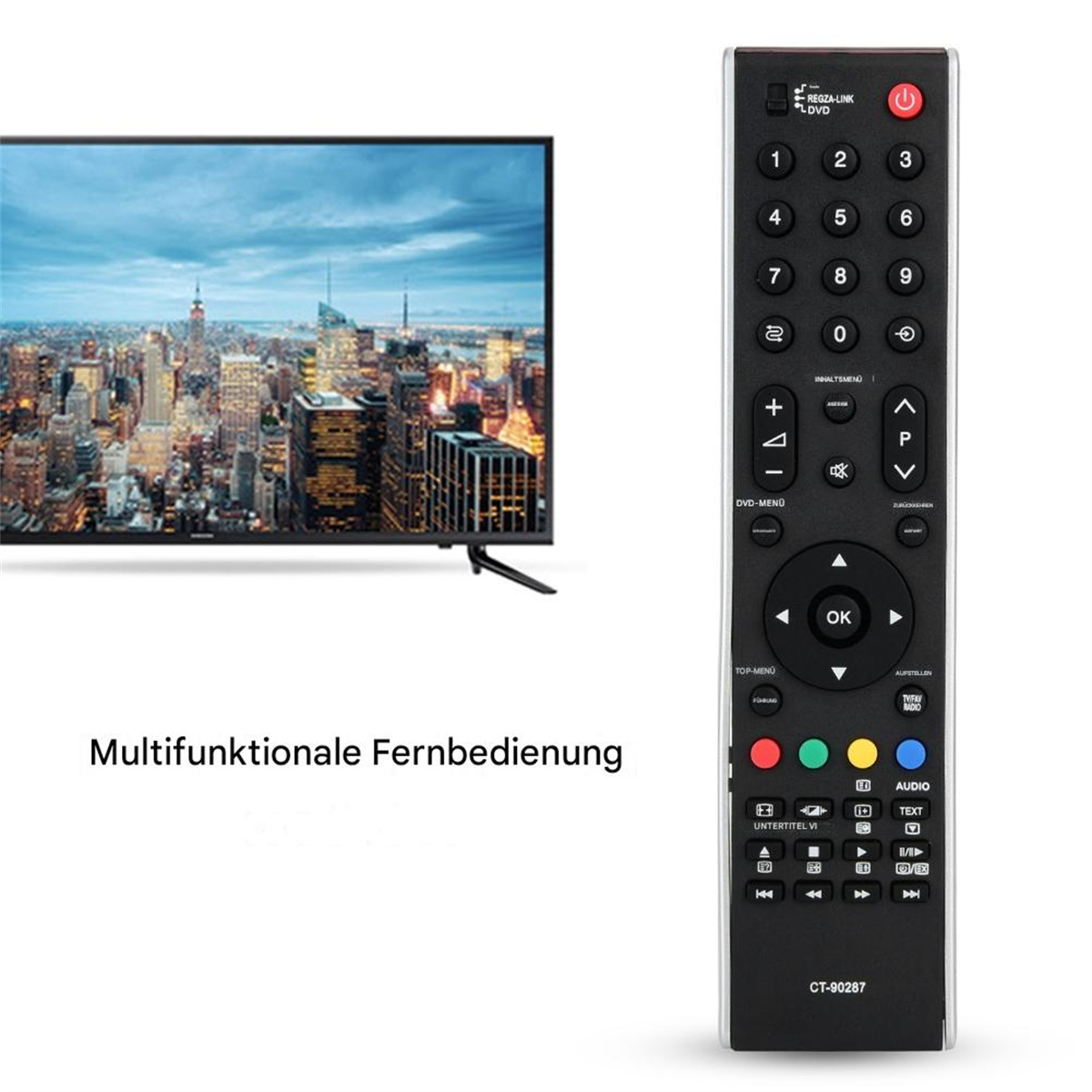 Fernseher und Fernbedienung. Die Fernbedienung hat viele Tasten mit Zahlen, Pfeilen und Text. Der Fernseher zeigt eine Stadtansicht.