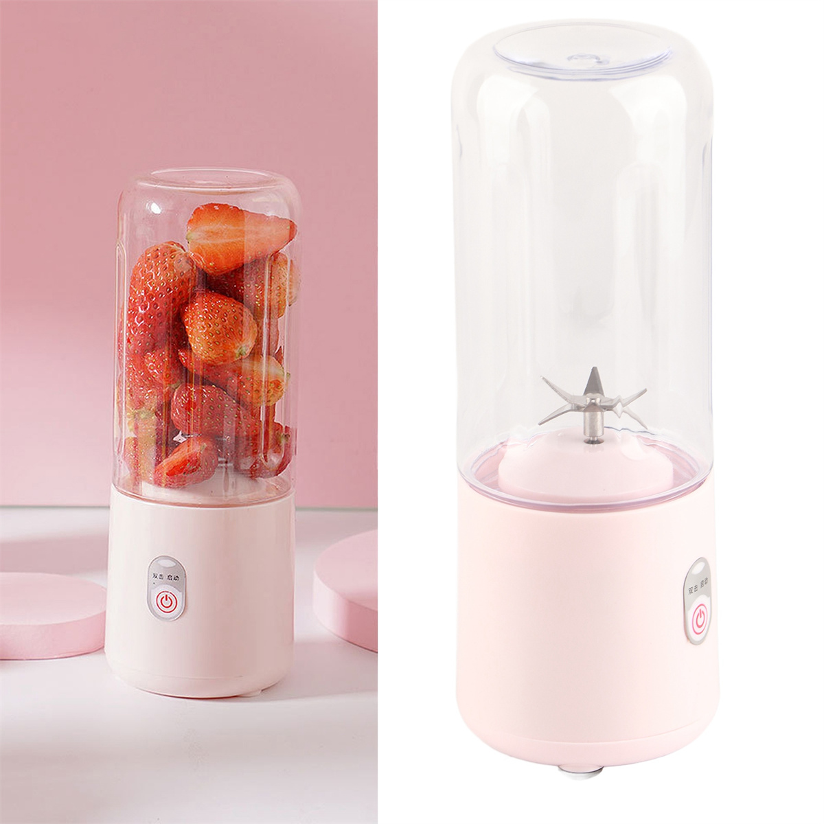 Rosa tragbarer Mixer mit Erdbeeren und separate Ansicht des Mixers mit Klingen. Weißer Hintergrund.