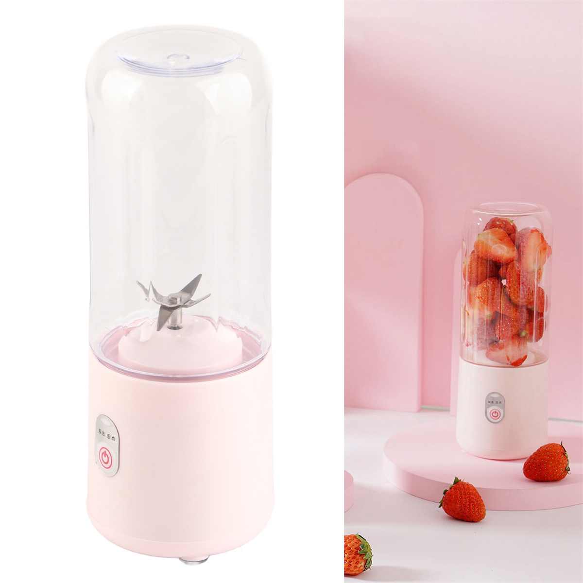 Rosa Mixer mit Erdbeeren. Der Mixer hat einen transparenten Behälter, silberne Klingen und einen rosa Sockel. Rosa Hintergrund.