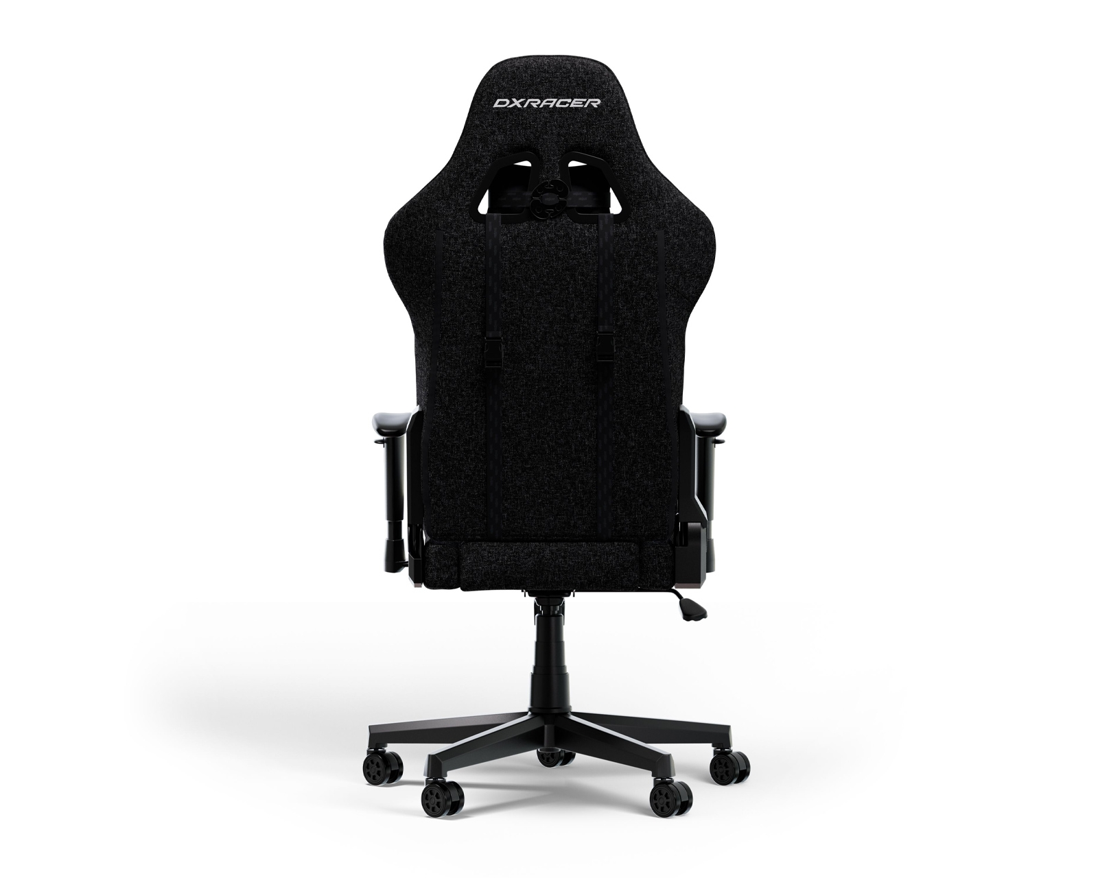Schwarzer DXRAcer-Gaming-Stuhl. Rückansicht, mit Kopfstütze und Rädern.