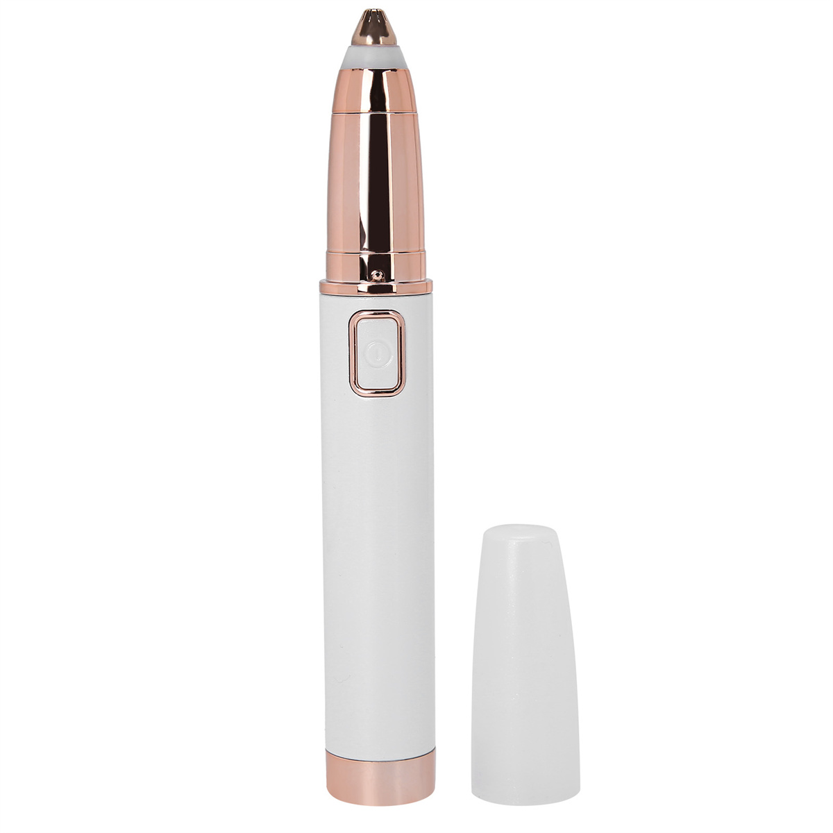 Ein weißer und roségoldener Augenbrauentrimmer mit Kappe. Er hat einen Ein-/Ausschalter.