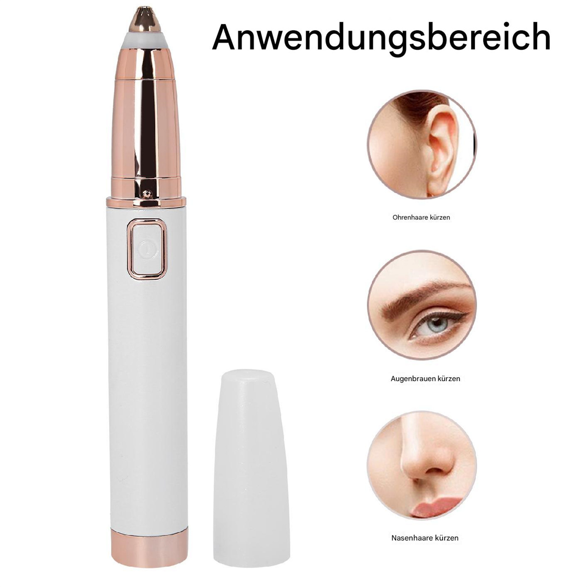 Ein weißer und roségoldfarbener Gesichtshaartrimmer mit Kappe und Anwendungsbildern.