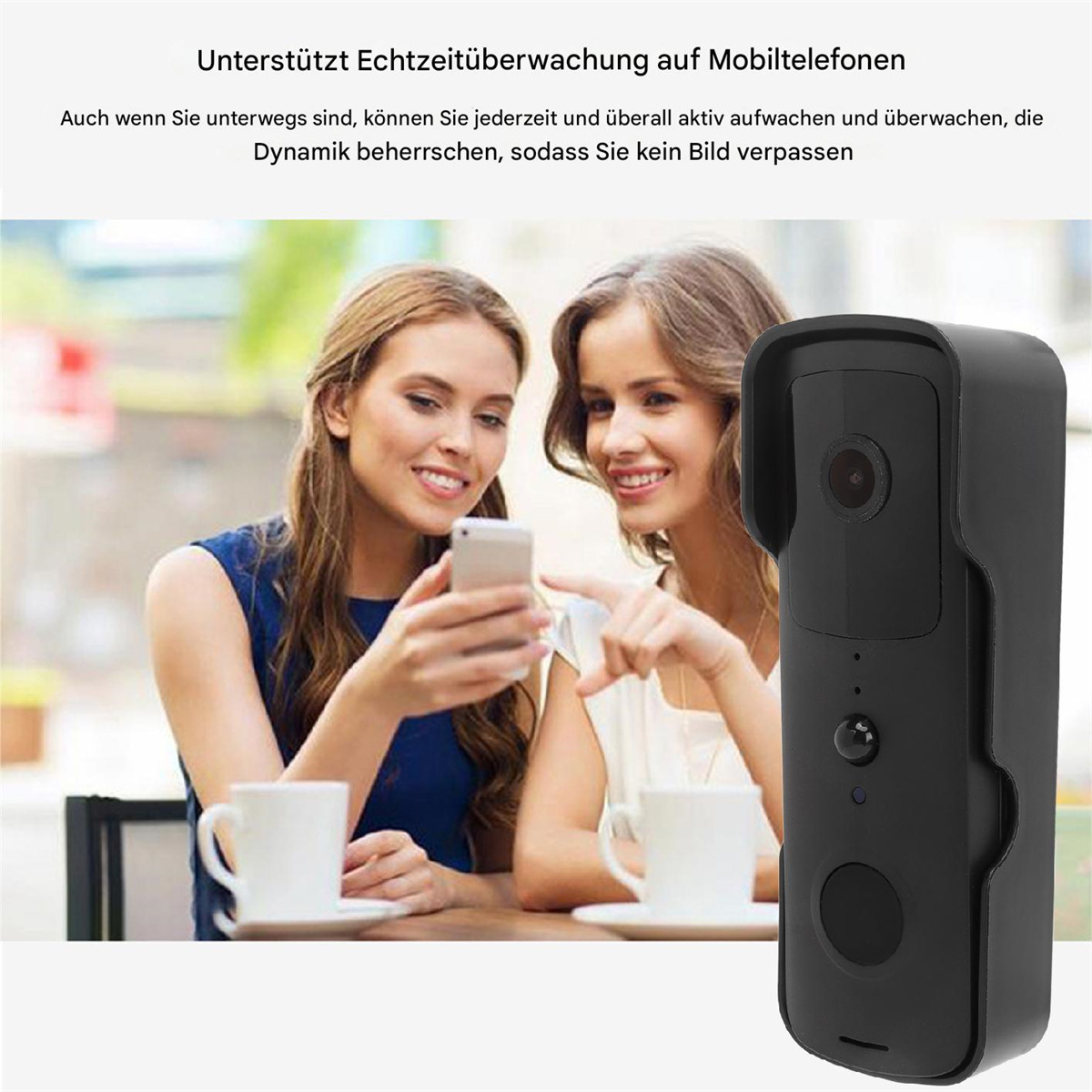 Zwei Frauen schauen auf ein Telefon, eine schwarze Überwachungskamera.