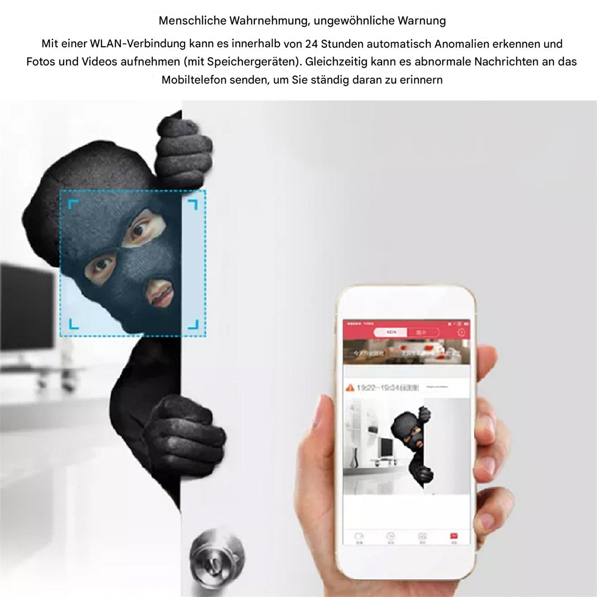 Person schaut um eine Tür mit maskiertem Gesicht, und ein Telefon zeigt dasselbe Bild. Weißer Hintergrund.
