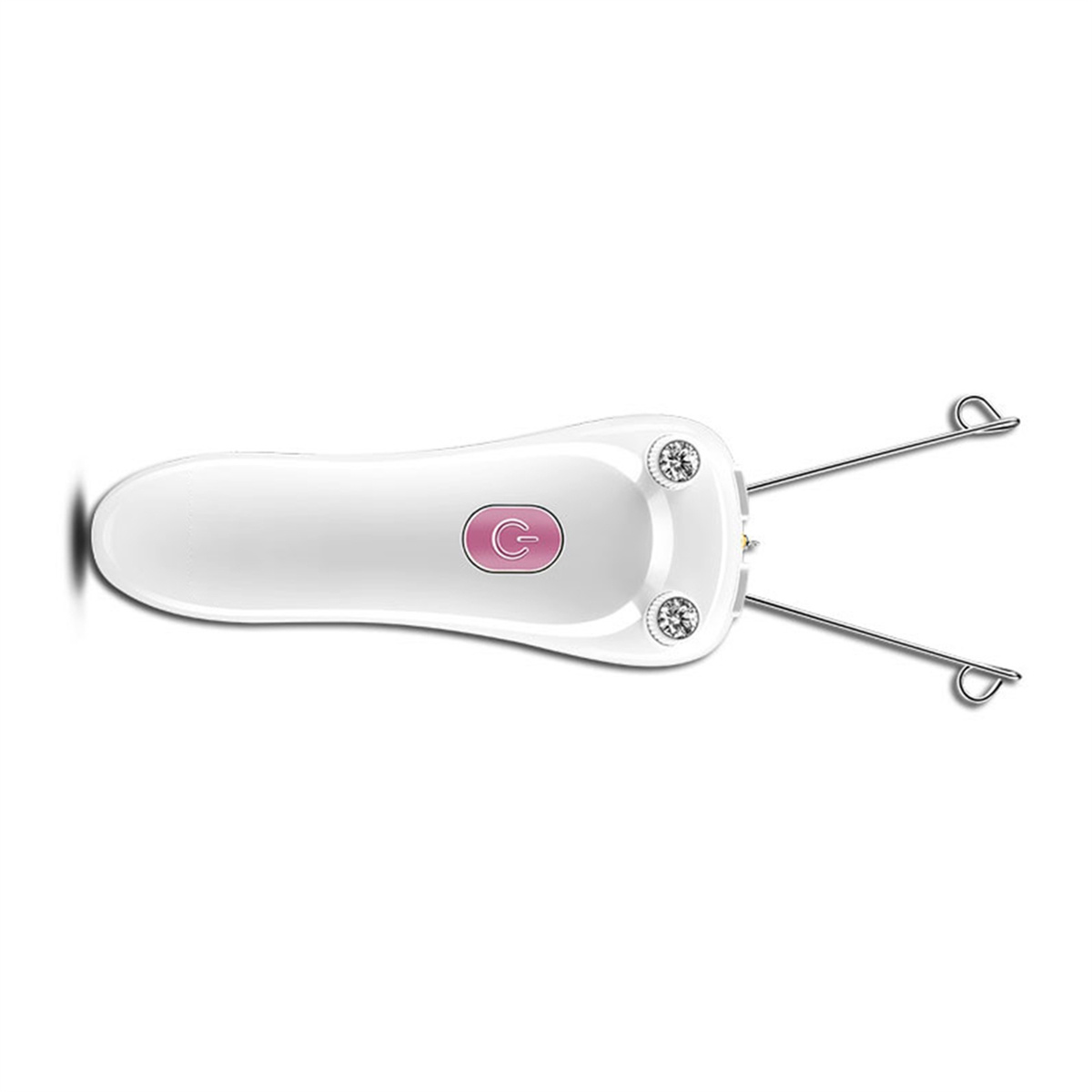 Weißes elektrisches Werkzeug zur Entfernung von Gesichtshaaren mit rosa Ein-/Aus-Taste. Zwei Metalldrähte ragen heraus.