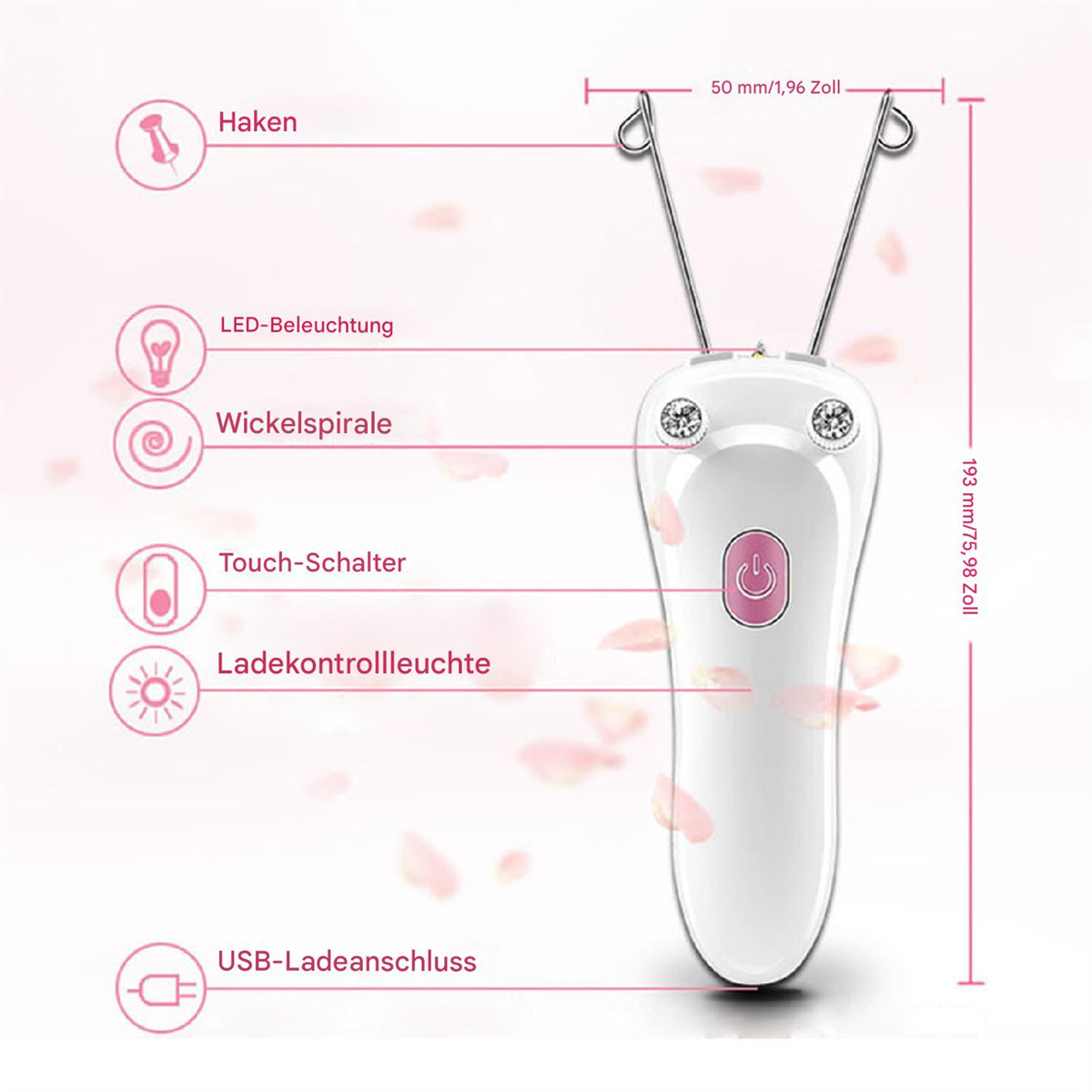 Weißer Epilierer mit rosa Power-Taste und Licht. Funktionen auf Deutsch beschriftet. Weißer Hintergrund.