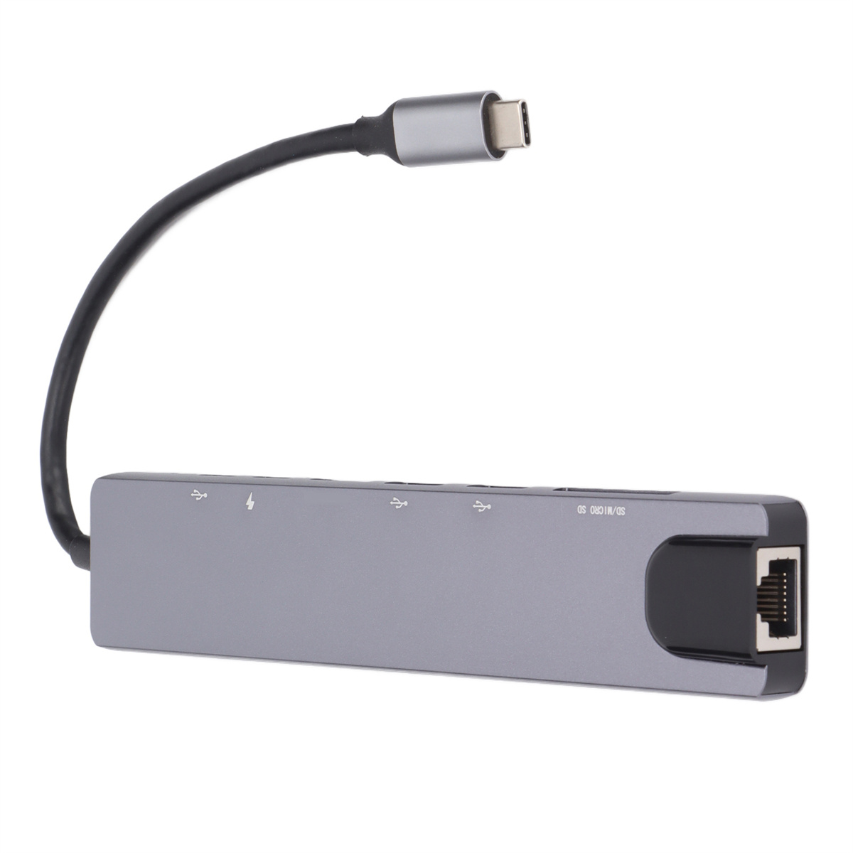 Grauer USB-C-Hub mit mehreren Anschlüssen und einem schwarzen Kabel. Weißer Hintergrund.