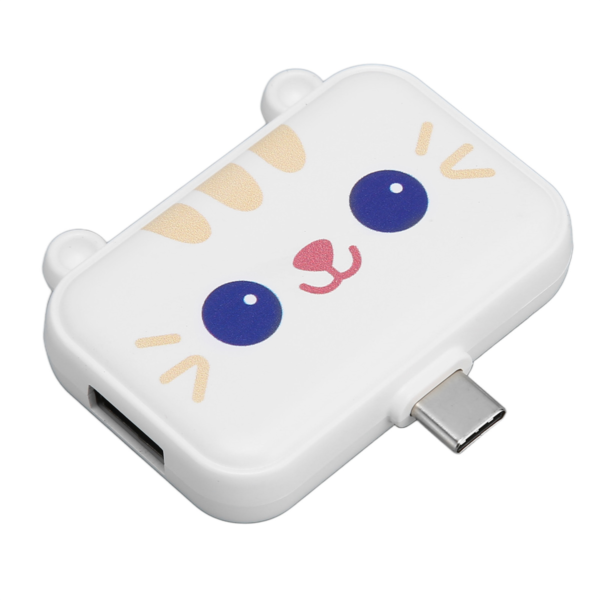 Weißer USB-Hub mit einem Cartoon-Katzen-Gesichtsdesign, mit USB- und Typ-C-Anschlüssen.