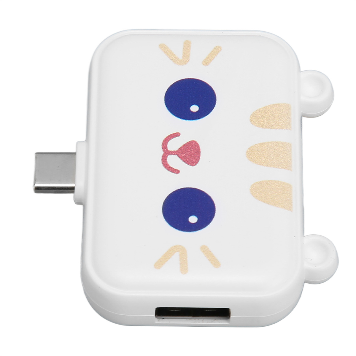 Weißer USB-C-Adapter mit Katzen-Gesicht-Design. Er hat einen Kartenleser-Steckplatz und einen Anschluss.