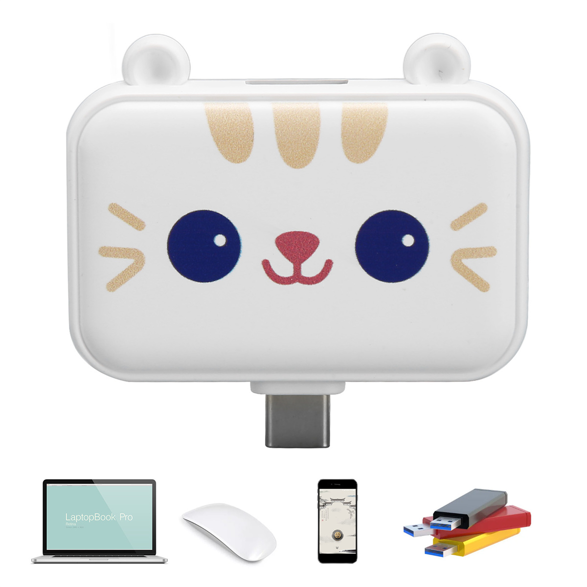 Ein weißer USB-Hub in Form eines Katzen-Gesichts. Es gibt USB-Anschlüsse und einen USB-C-Anschluss.