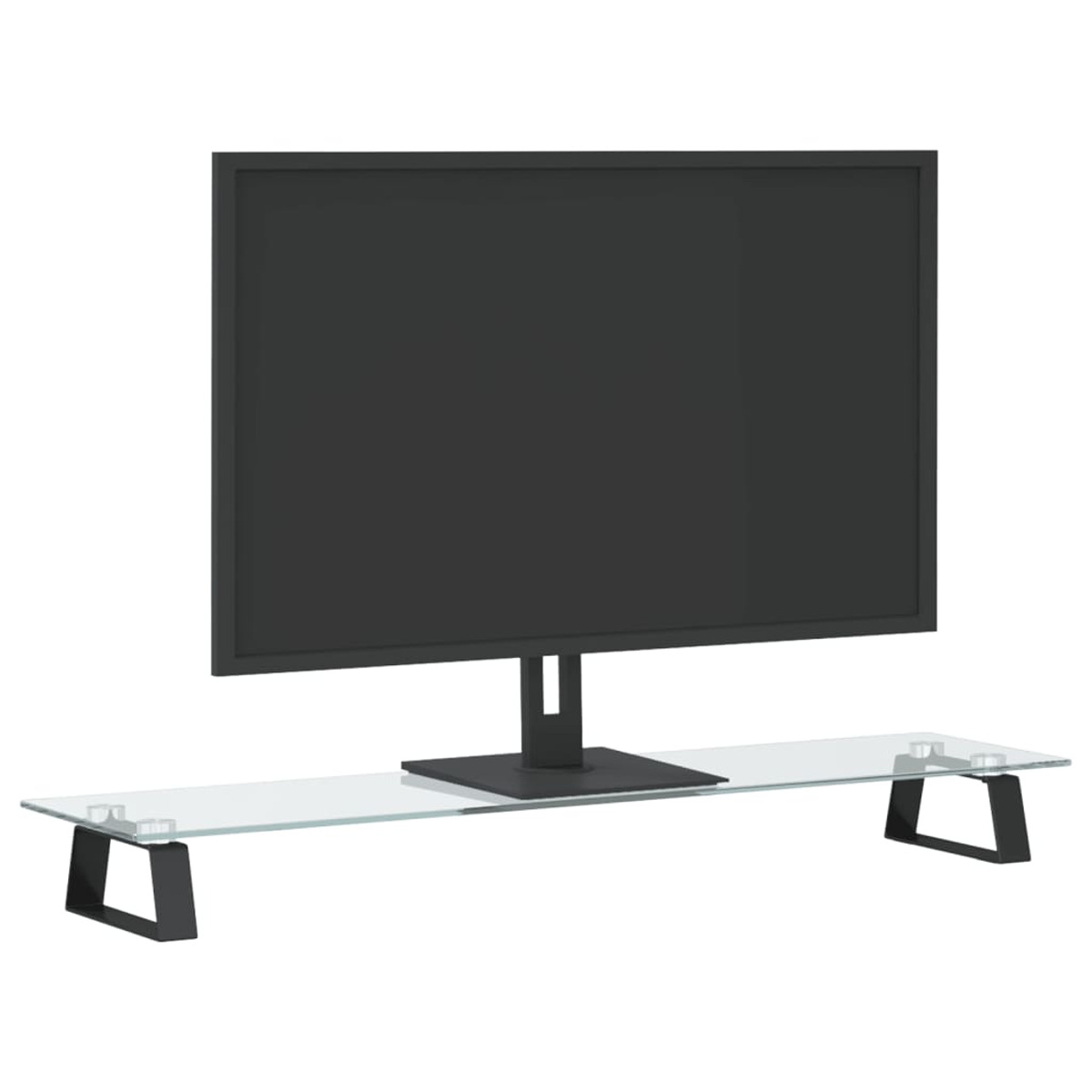 Schwarzer Computermonitor auf einem Glasständer mit schwarzen Stützen, vor weißem Hintergrund.