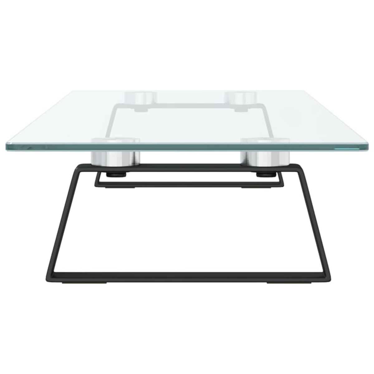 Ein quadratischer Couchtisch aus Glas mit einem schwarzen Metallrahmen, isoliert auf weißem Hintergrund.