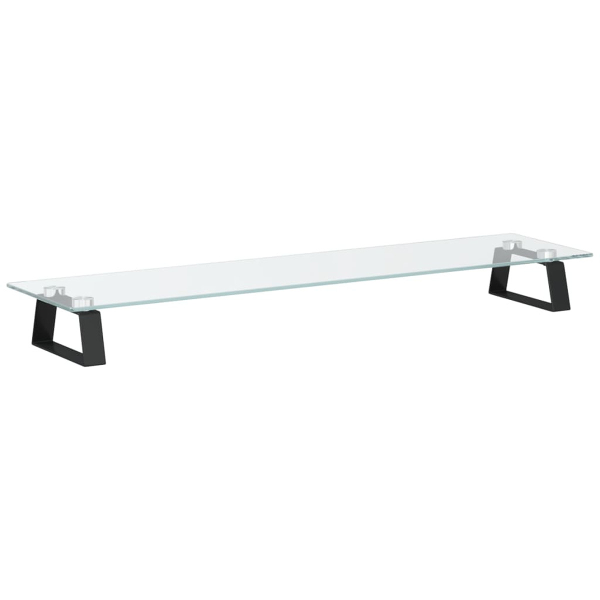 Ein Monitorständer aus Glas mit schwarzen Metallbeinen, aus niedriger Perspektive gesehen.