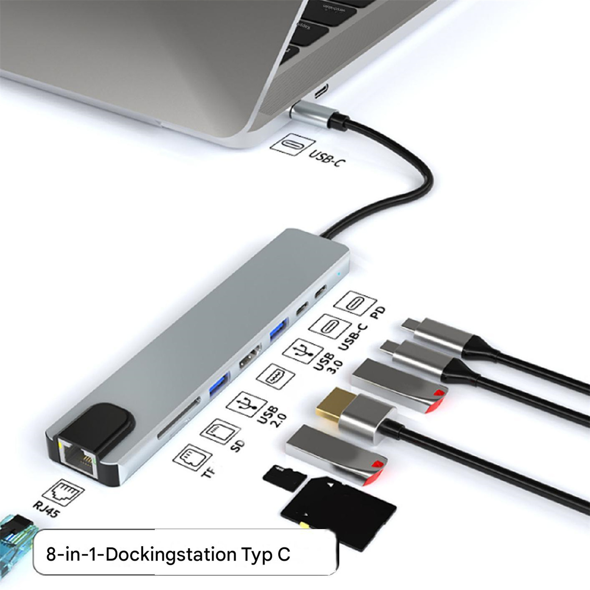 Eine silberne Dockingstation mit mehreren Anschlüssen, die über ein USB-C-Kabel mit einem Laptop verbunden ist.