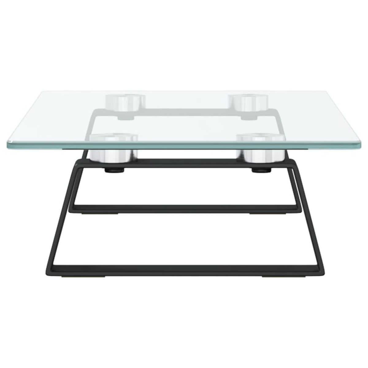 Ein quadratischer Couchtisch aus Glas mit schwarzem Metallrahmen auf weißem Hintergrund.